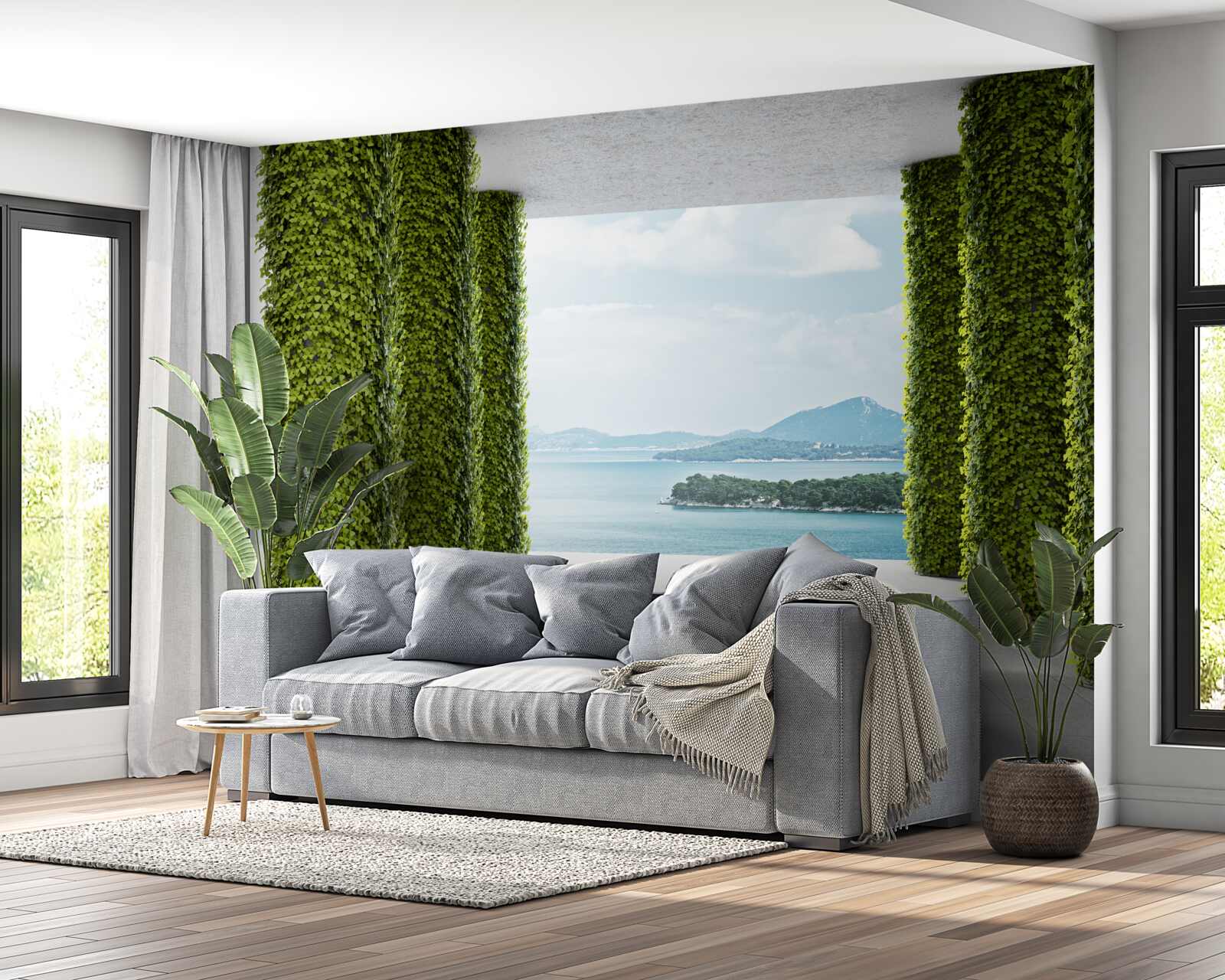 Fotobehang zuilengalerij tussen het groen die naar de zee leidt