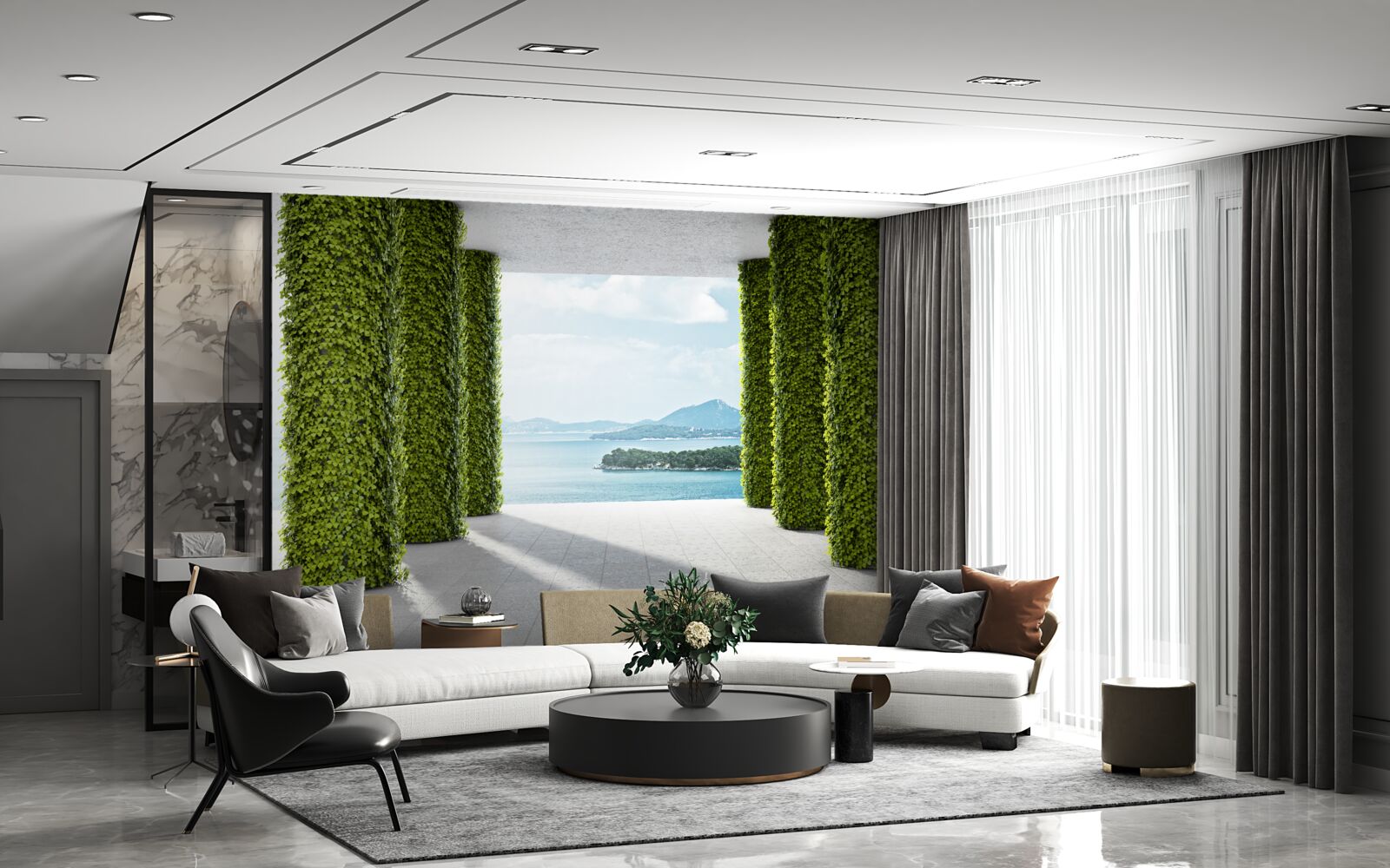 Fotobehang zuilengalerij tussen het groen die naar de zee leidt