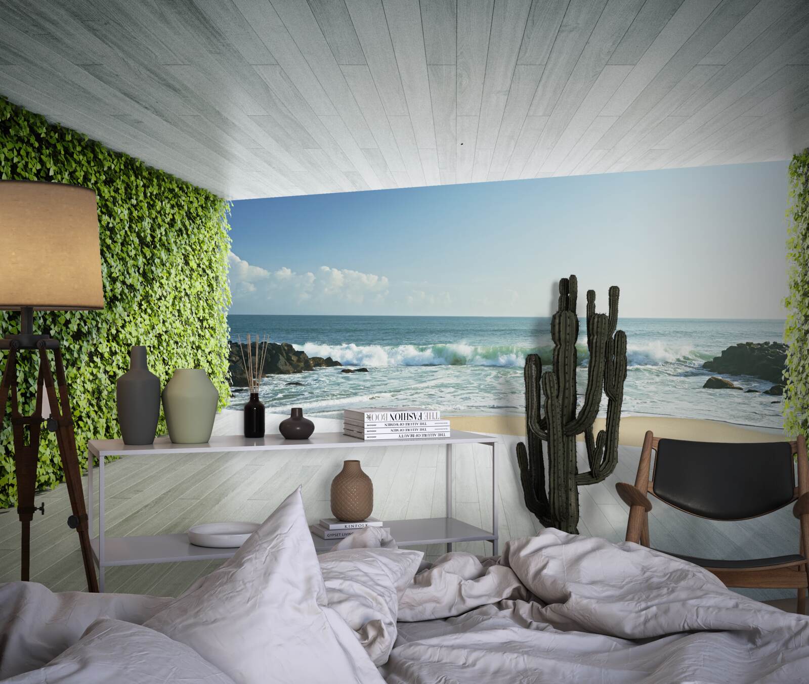 Fotobehang elegant balkon in groentinten met uitzicht op de kust