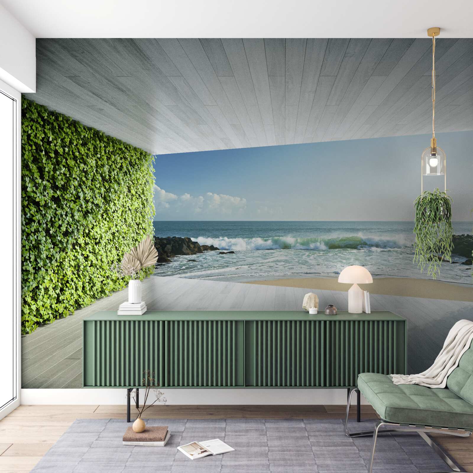 Fotobehang elegant balkon in groentinten met uitzicht op de kust