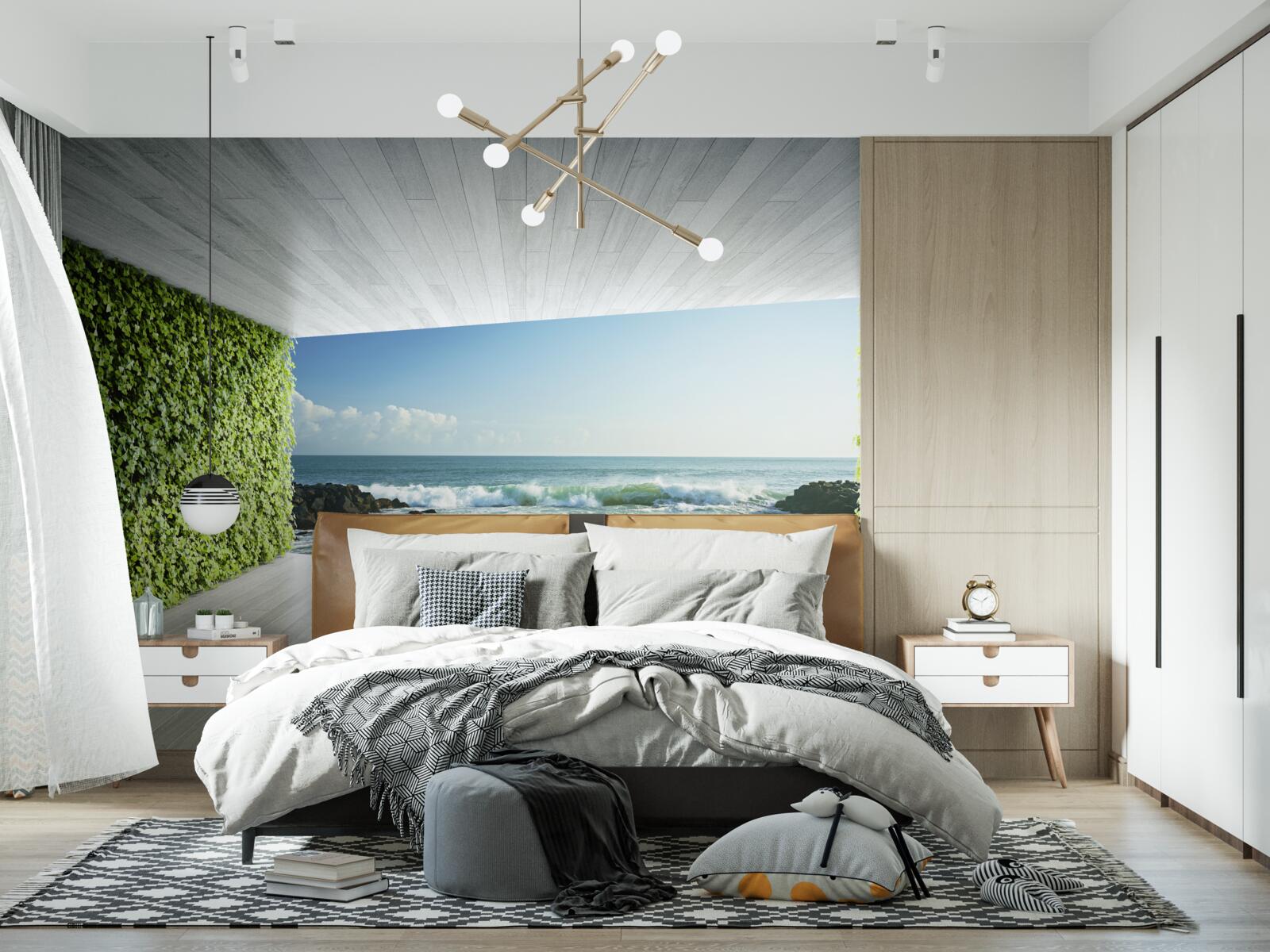 Fotobehang elegant balkon in groentinten met uitzicht op de kust