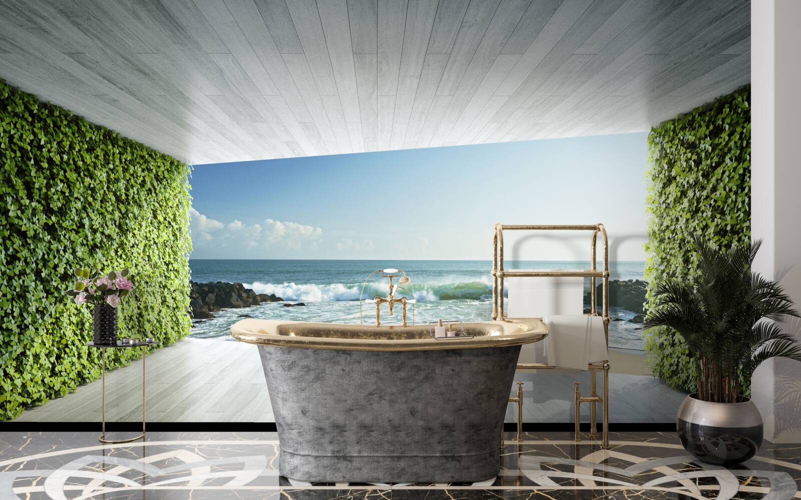 Fotobehang elegant balkon in groentinten met uitzicht op de kust