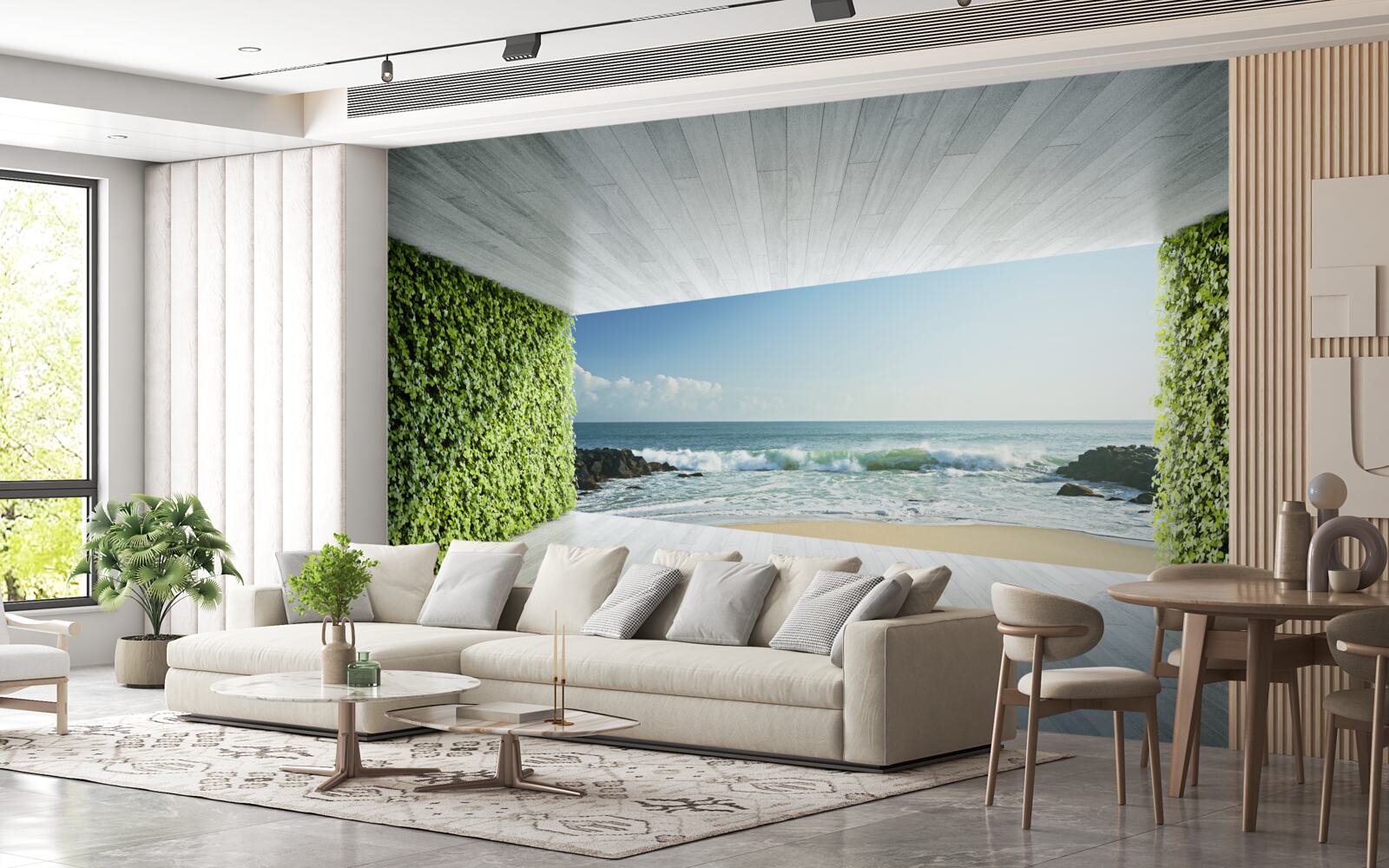 Fotobehang elegant balkon in groentinten met uitzicht op de kust