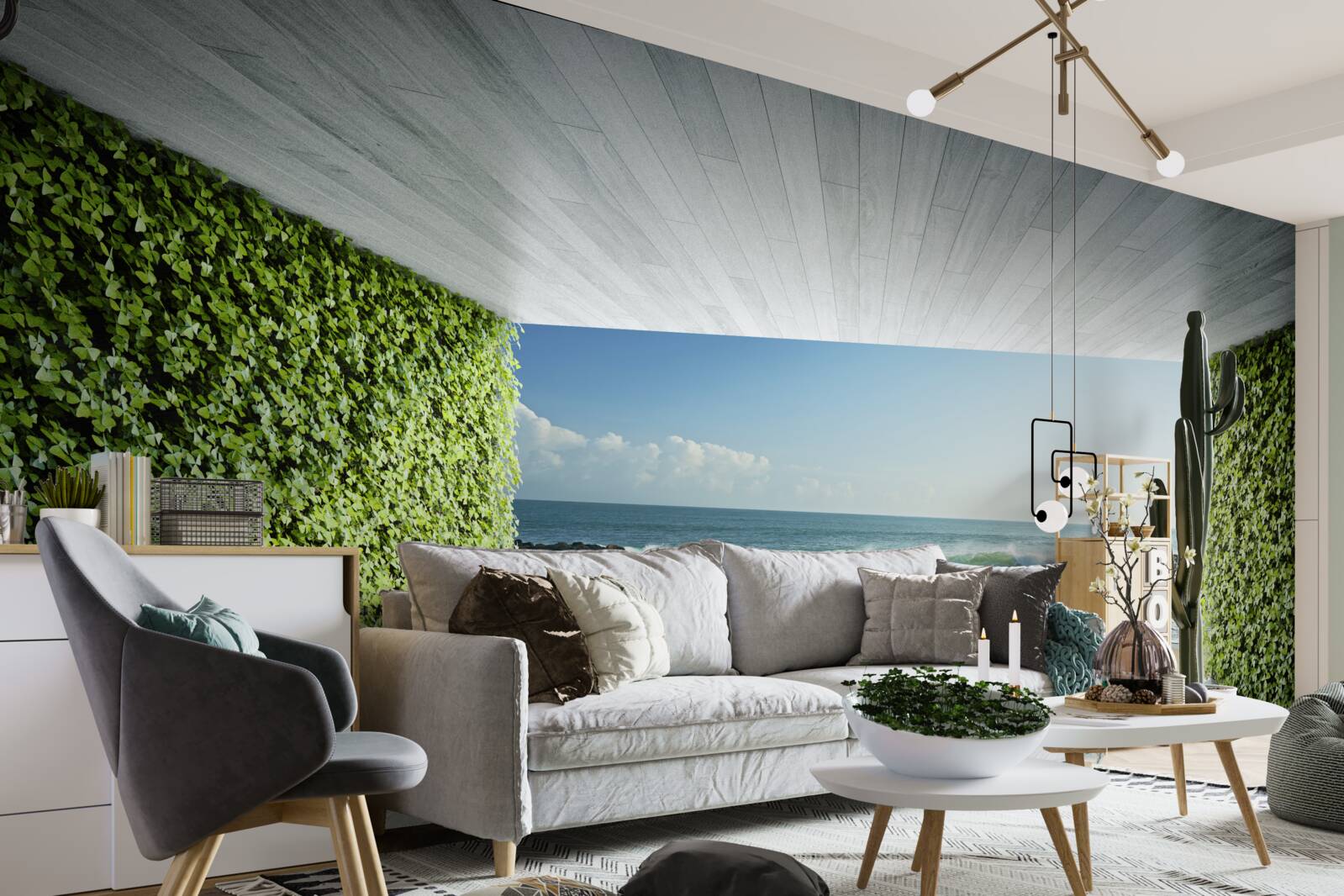 Fotobehang elegant balkon in groentinten met uitzicht op de kust