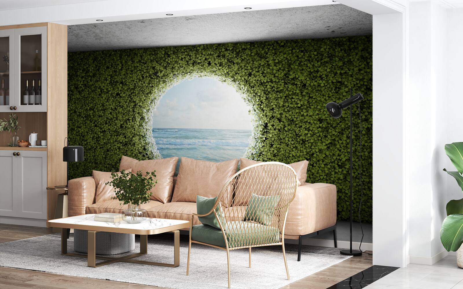 Fotobehang Muur van groene planten met een ronde opening