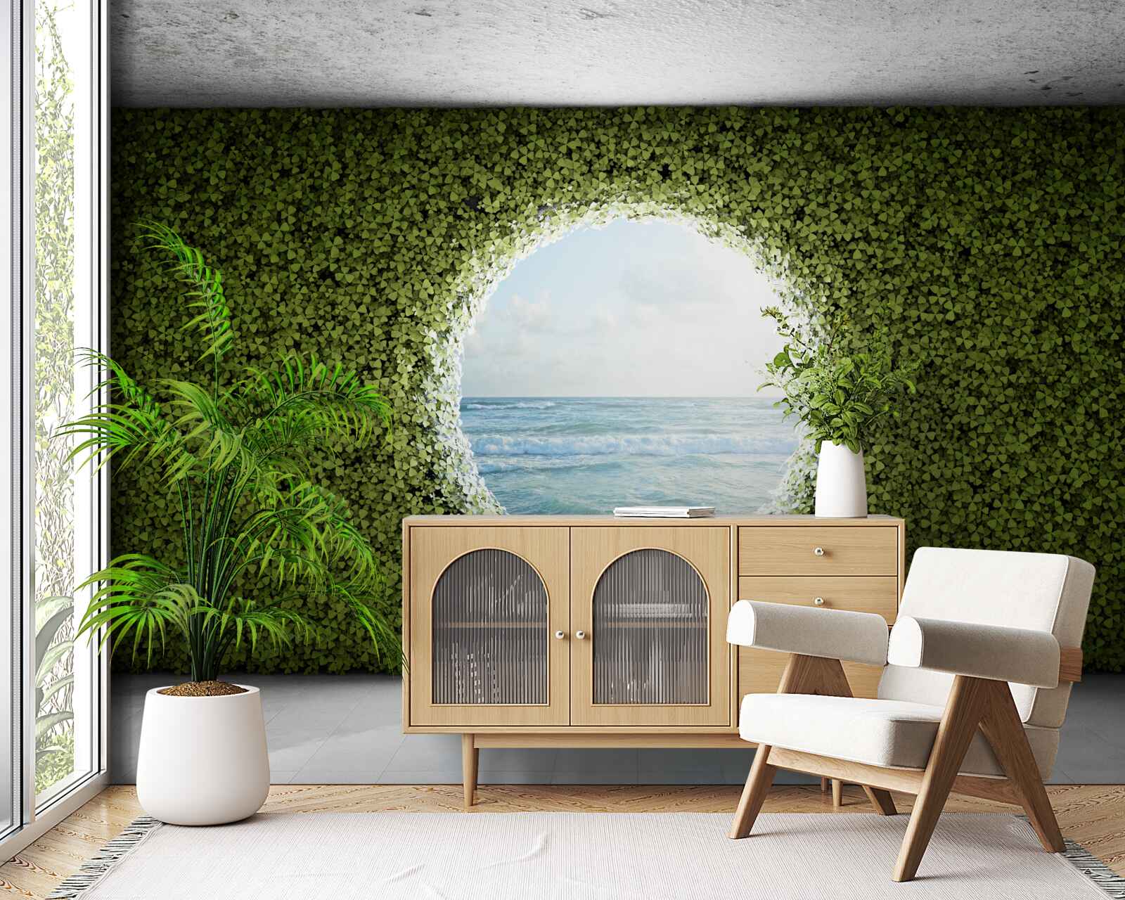 Fotobehang Muur van groene planten met een ronde opening