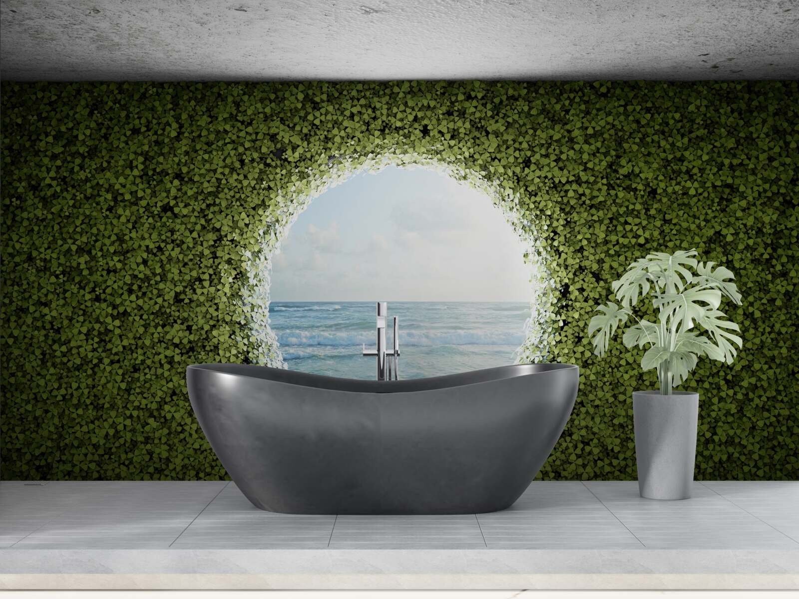 Fotobehang Muur van groene planten met een ronde opening