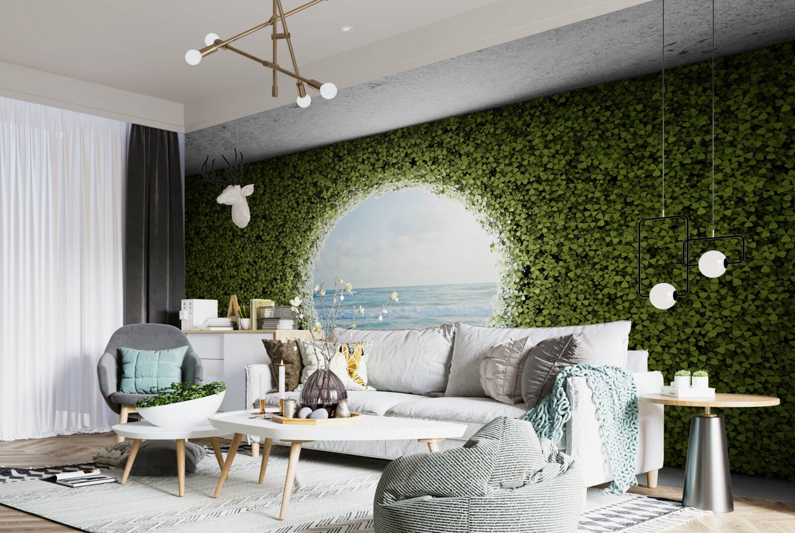 Fotobehang Muur van groene planten met een ronde opening