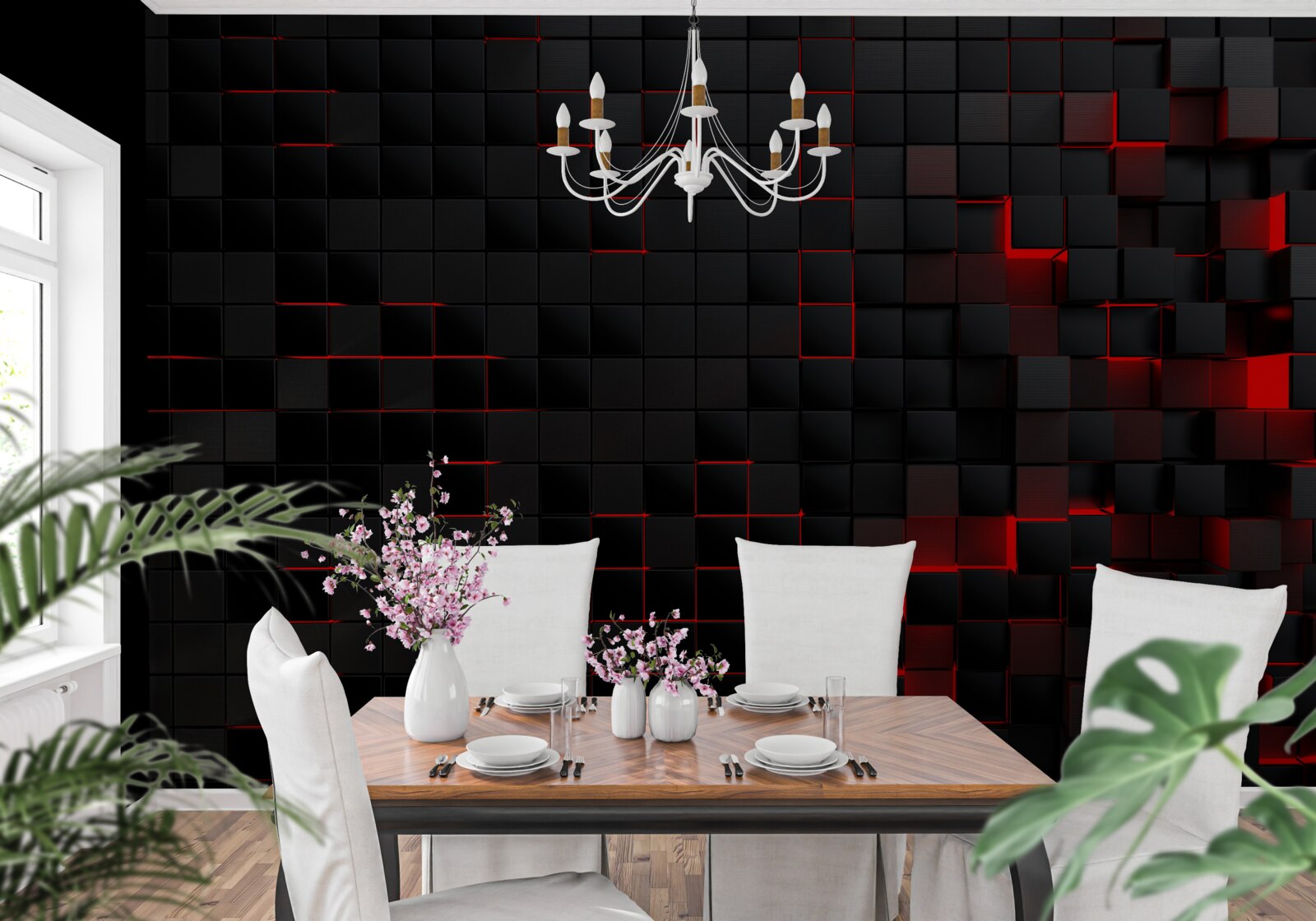 Fotobehang muur met zwarte structuur, verlicht met rood licht en versierd met vierkantjes