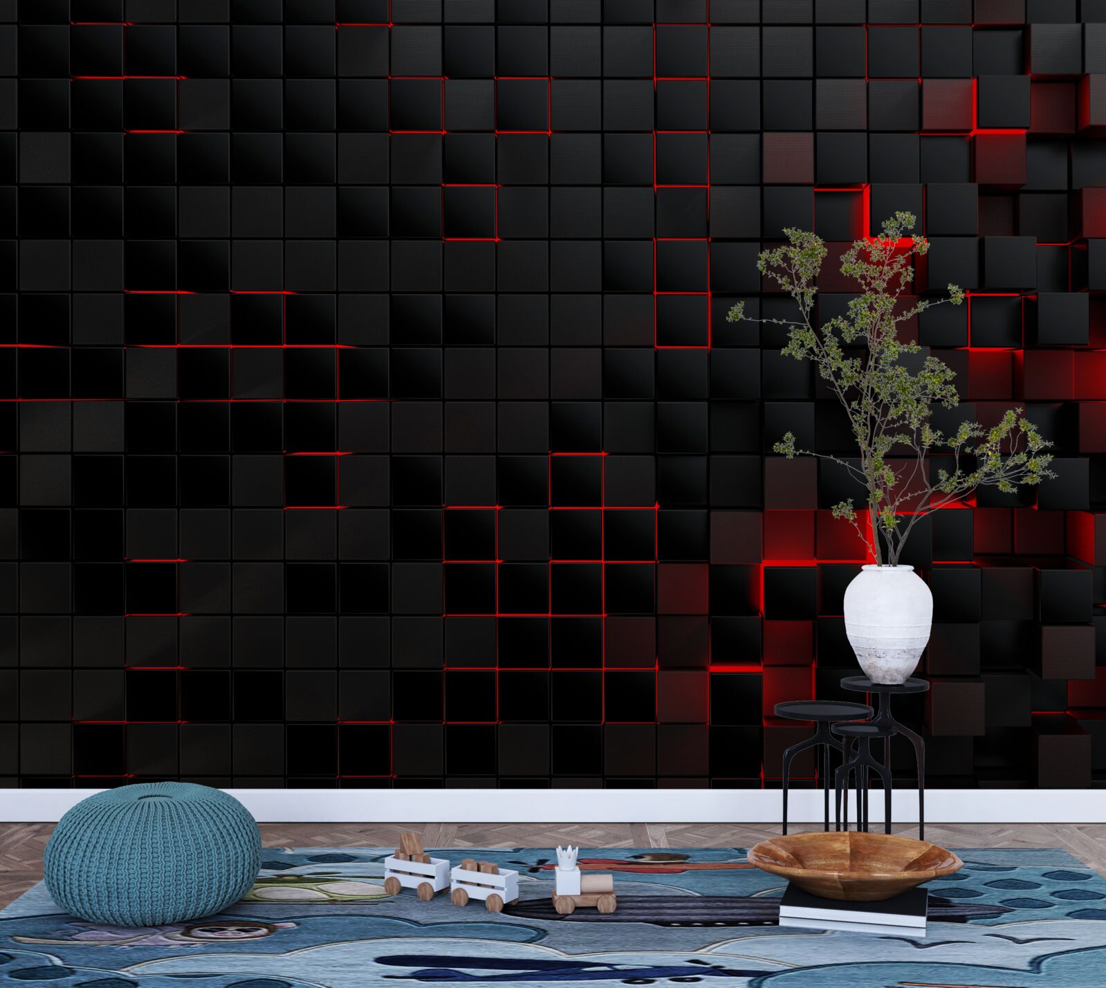 Fotobehang muur met zwarte structuur, verlicht met rood licht en versierd met vierkantjes