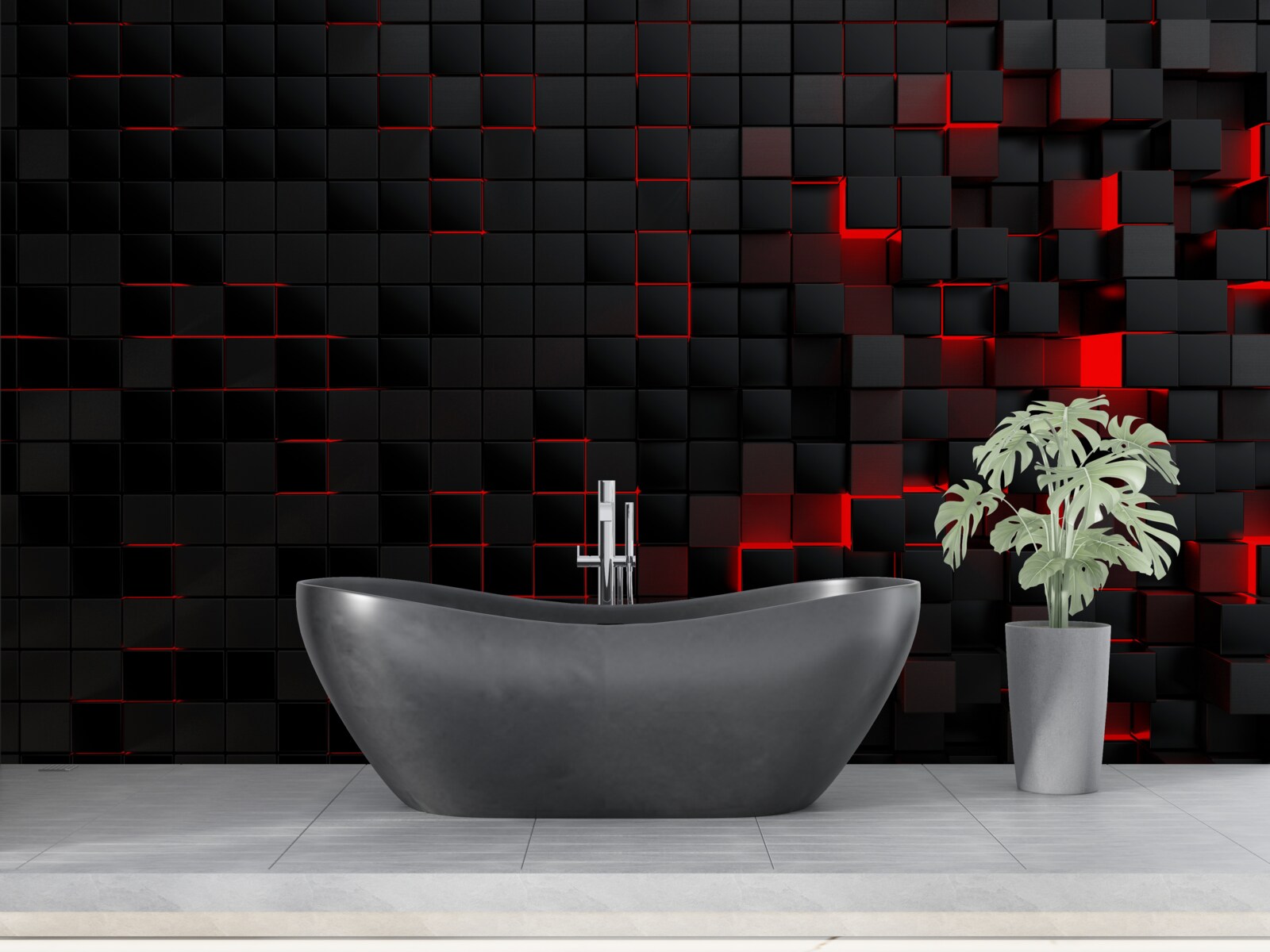 Fotobehang muur met zwarte structuur, verlicht met rood licht en versierd met vierkantjes