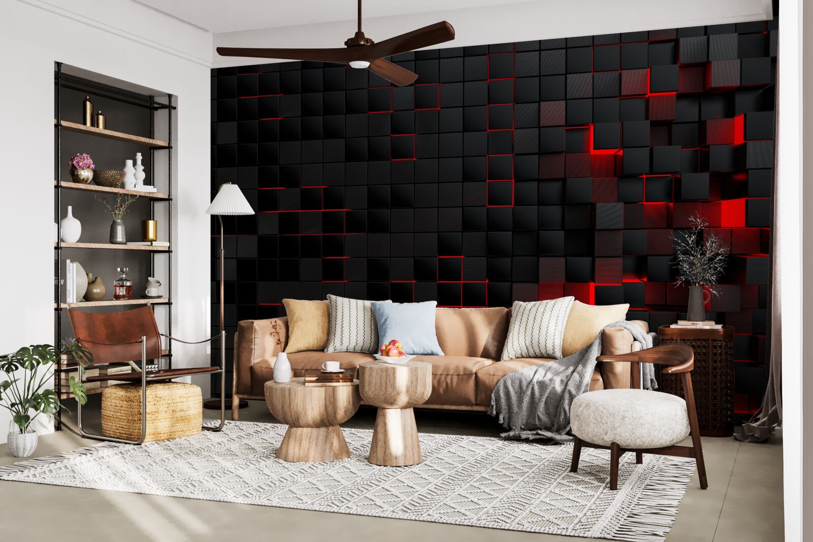 Fotobehang muur met zwarte structuur, verlicht met rood licht en versierd met vierkantjes