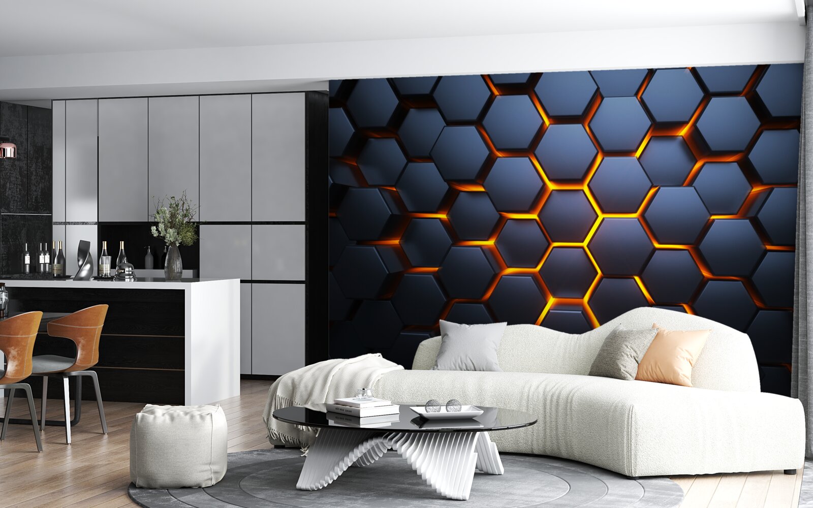Fotobehang hexagonale collectie met gouden verlichting