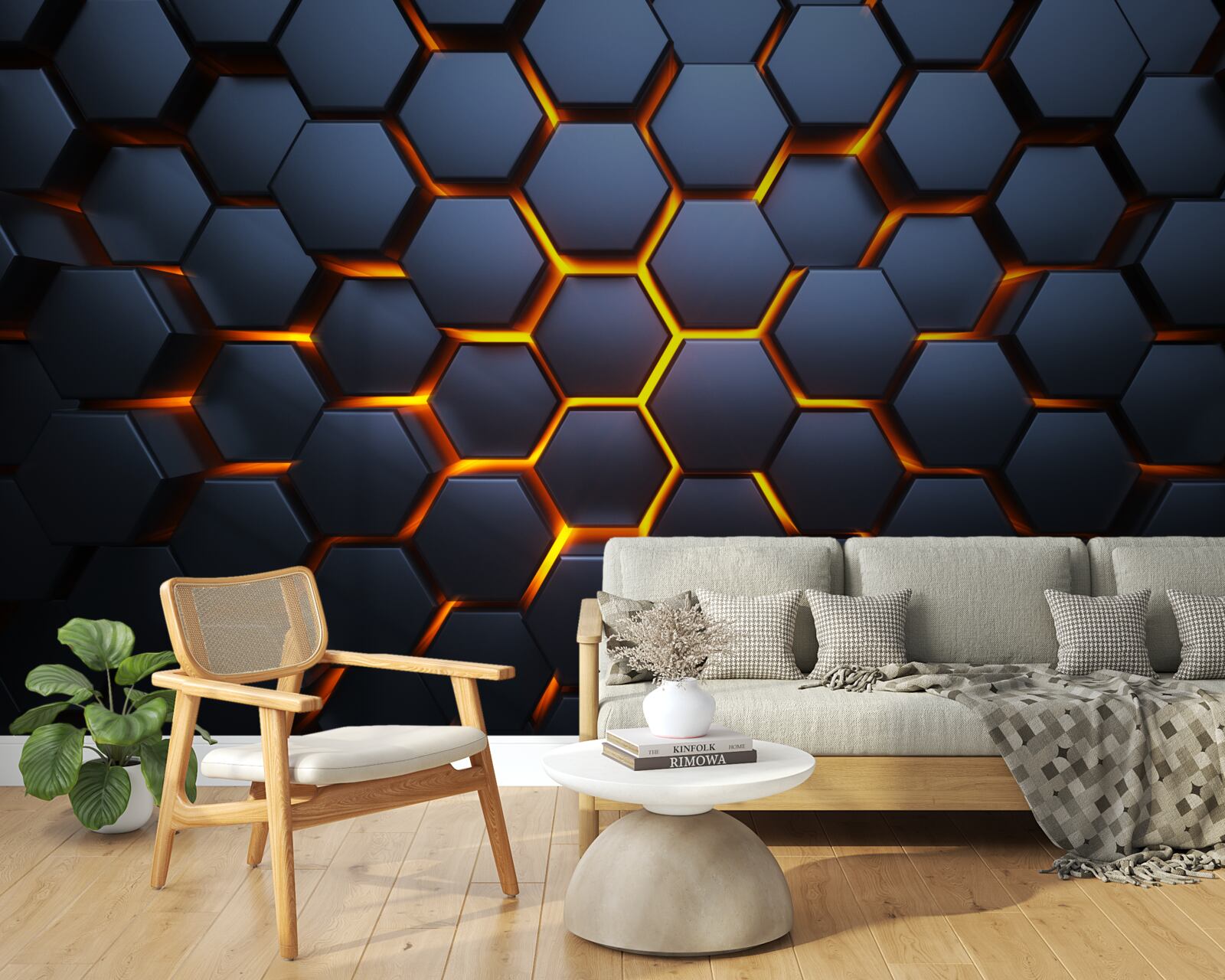 Fotobehang hexagonale collectie met gouden verlichting