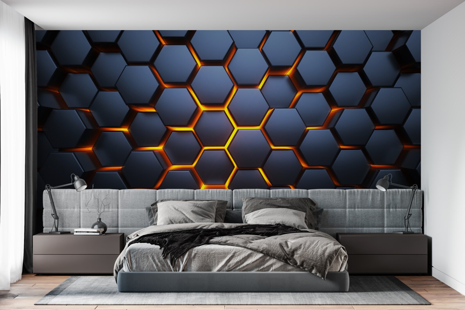 Fotobehang hexagonale collectie met gouden verlichting