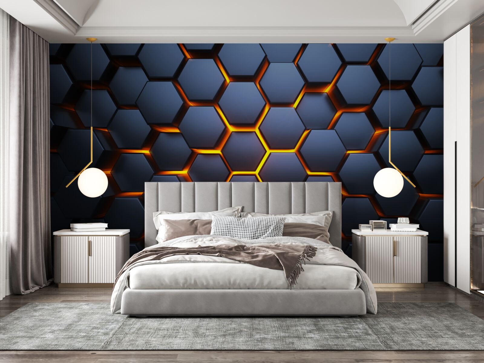 Fotobehang hexagonale collectie met gouden verlichting