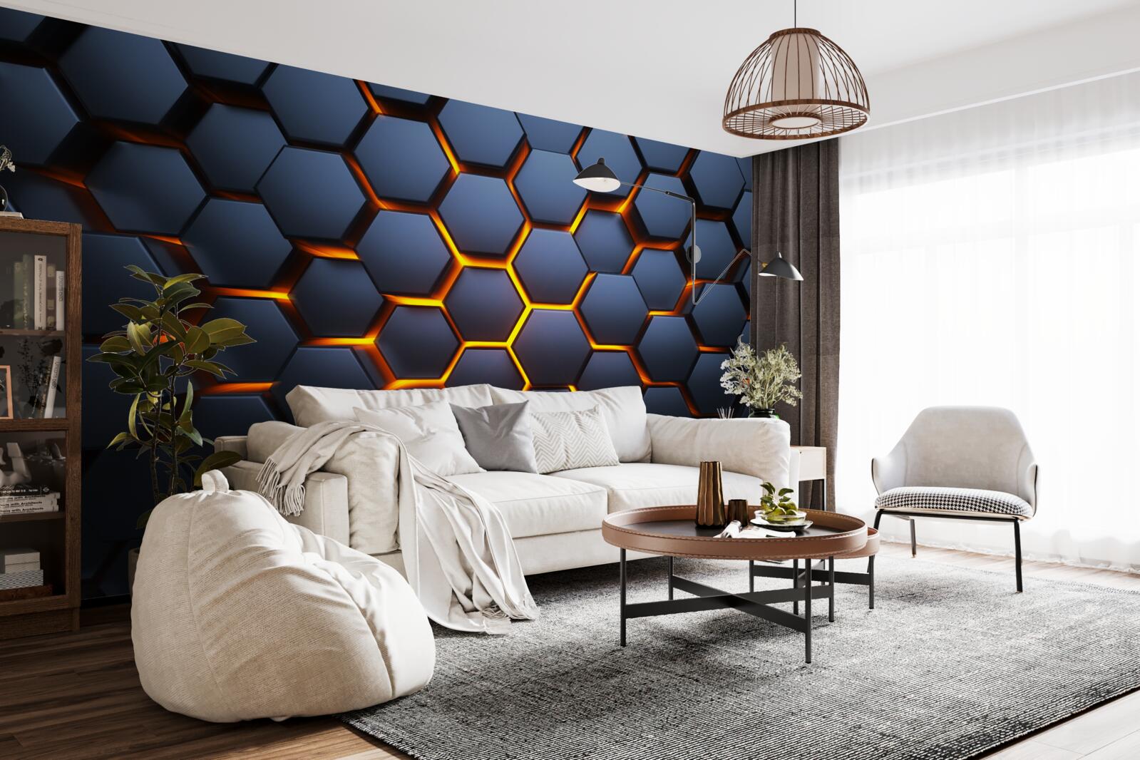 Fotobehang hexagonale collectie met gouden verlichting