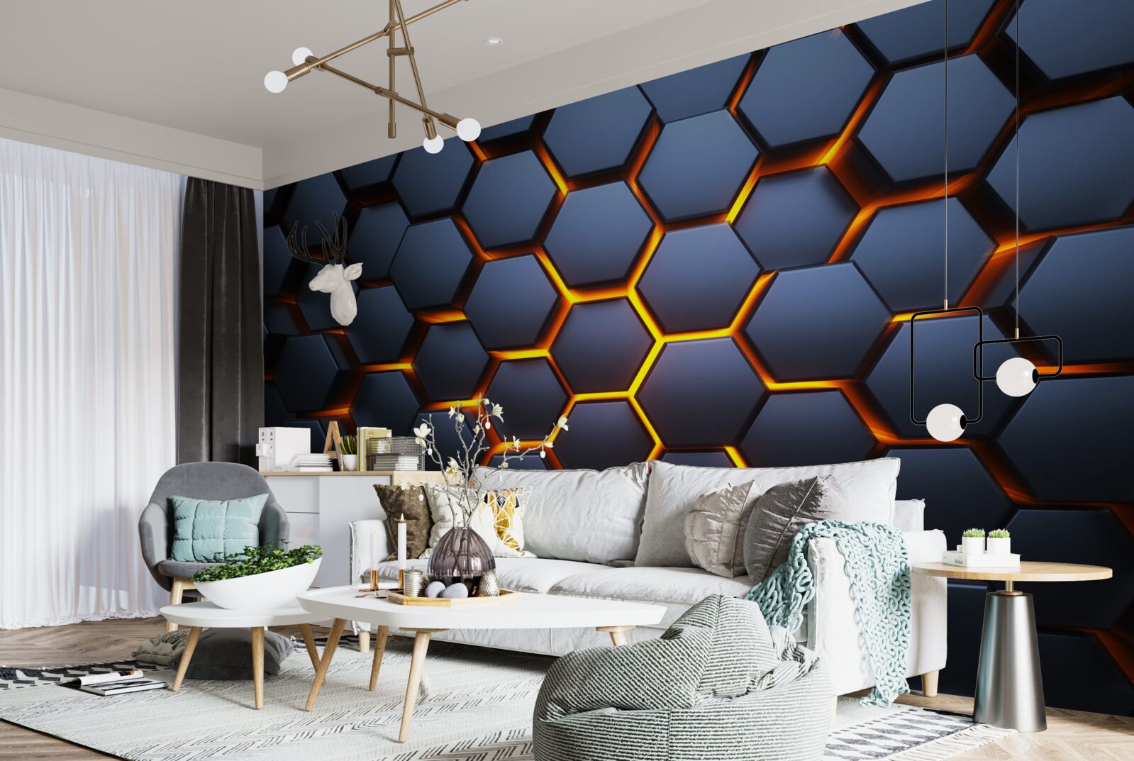 Fotobehang hexagonale collectie met gouden verlichting