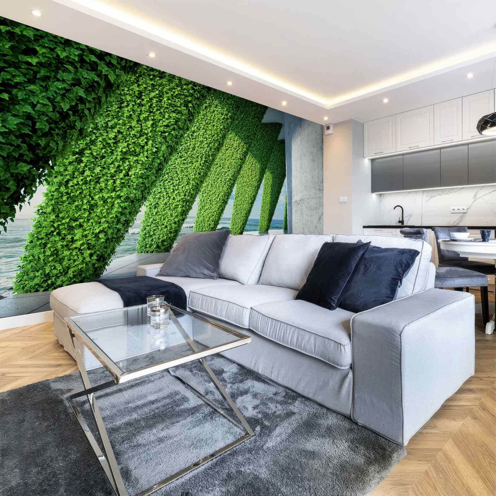 Fotobehang er staan groene planten op de pilaren in de gang