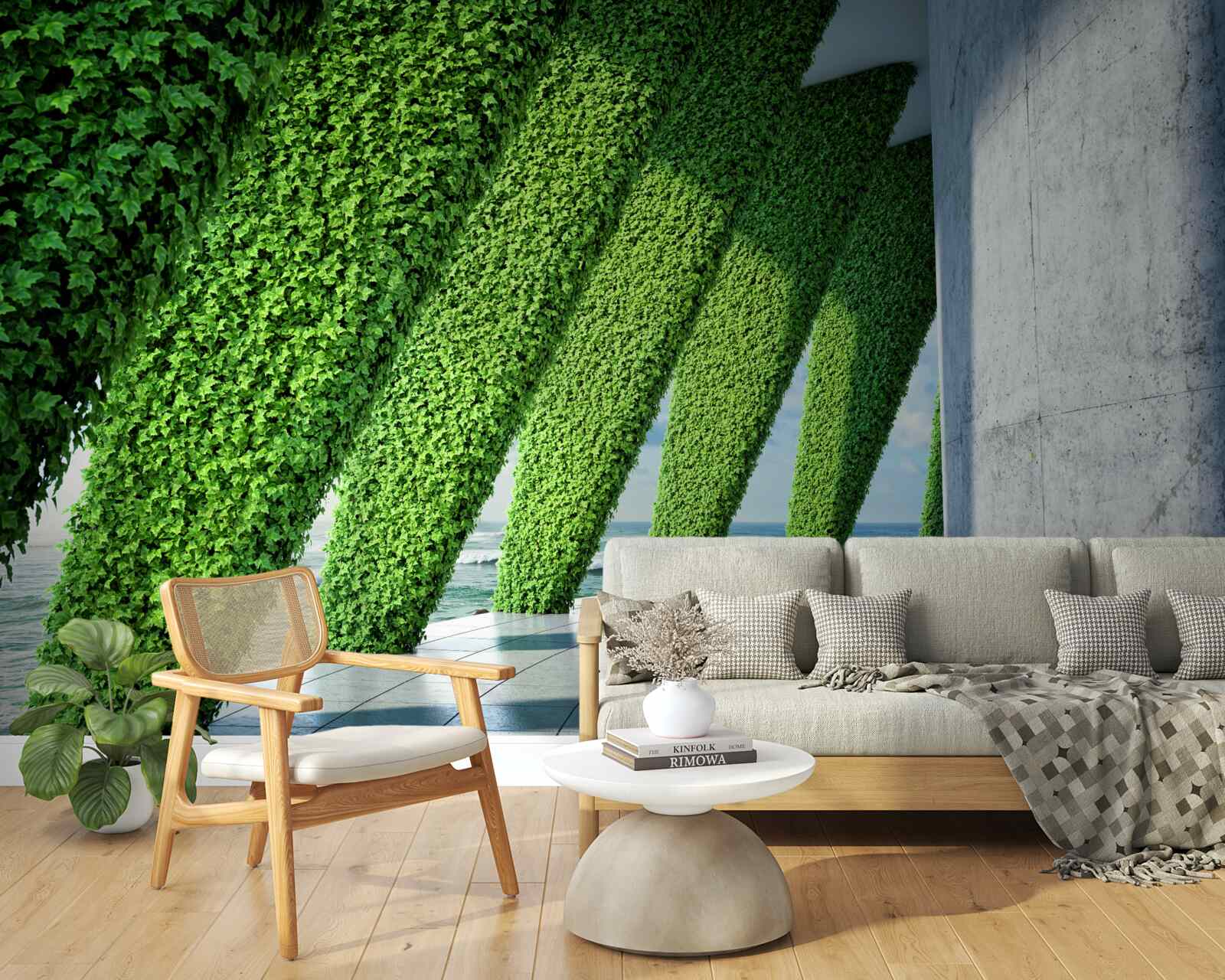 Fotobehang er staan groene planten op de pilaren in de gang