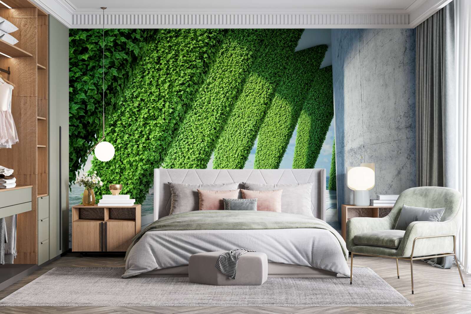 Fotobehang er staan groene planten op de pilaren in de gang