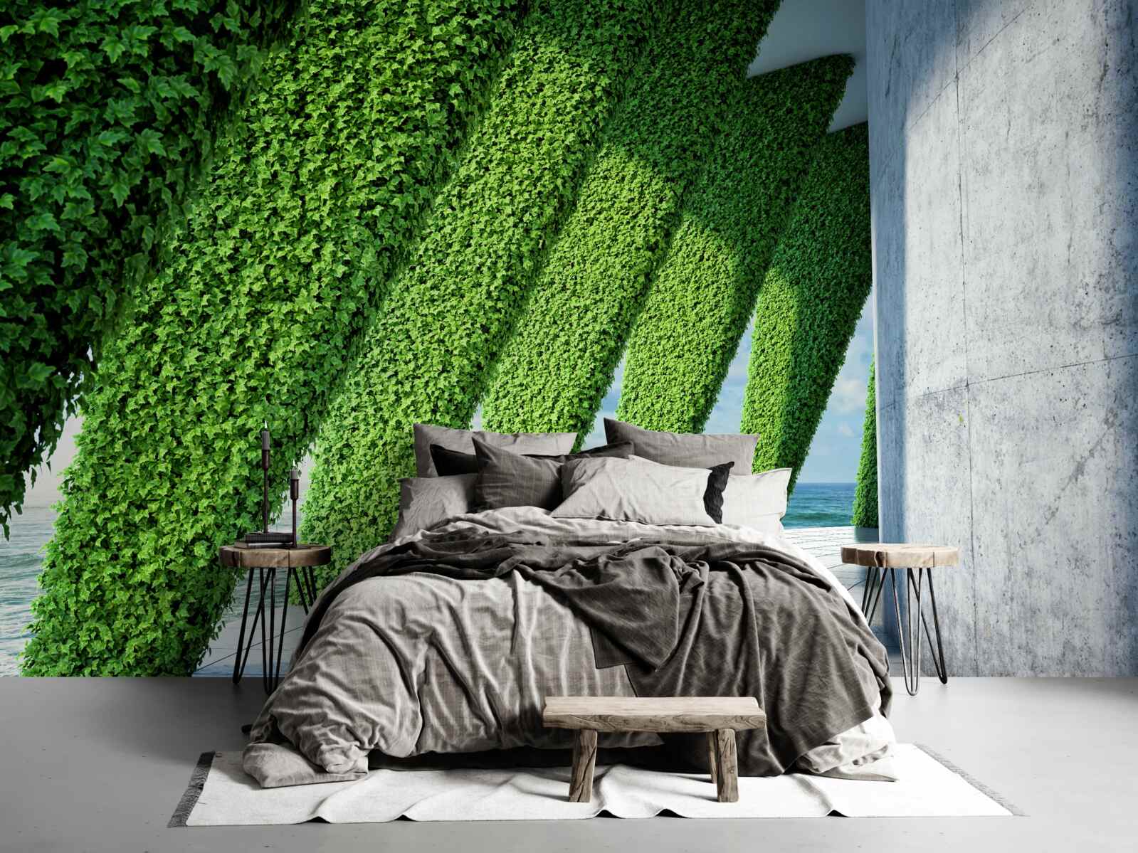 Fotobehang er staan groene planten op de pilaren in de gang