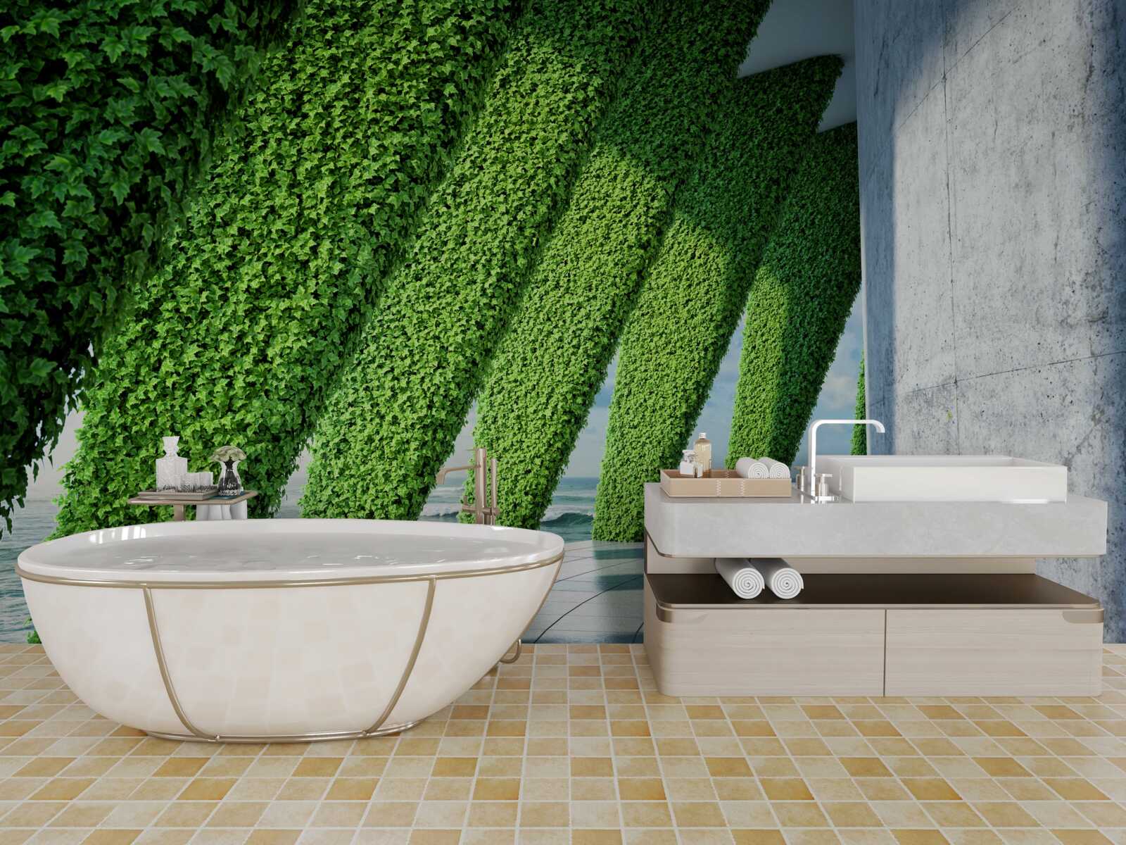 Fotobehang er staan groene planten op de pilaren in de gang