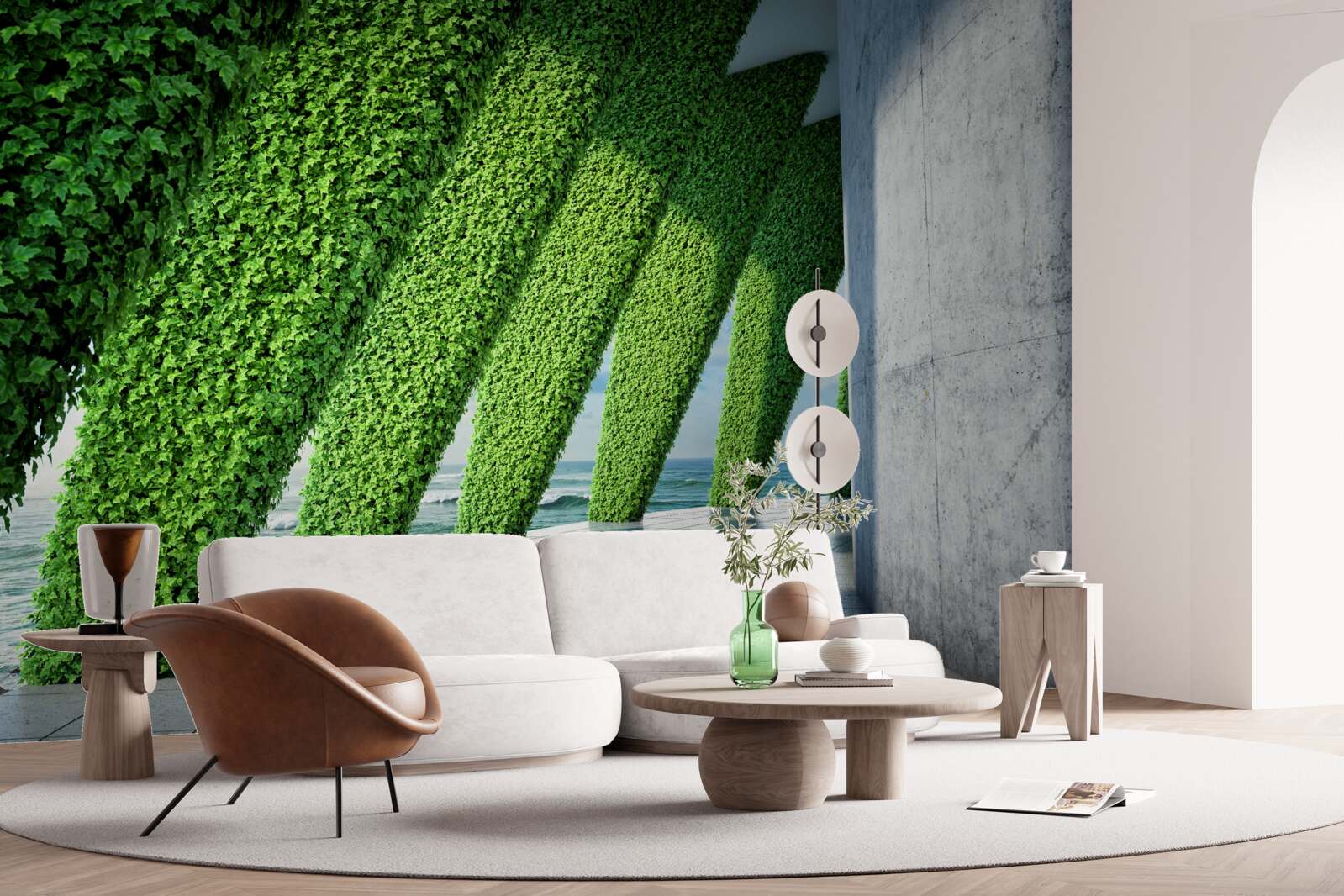 Fotobehang er staan groene planten op de pilaren in de gang