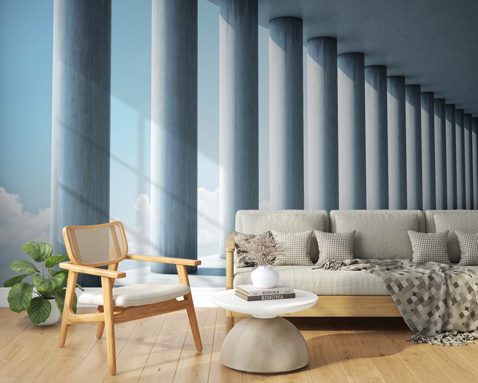 Fotobehang zuilengalerij die zich tot in het oneindige uitstrekt tegen de hemel