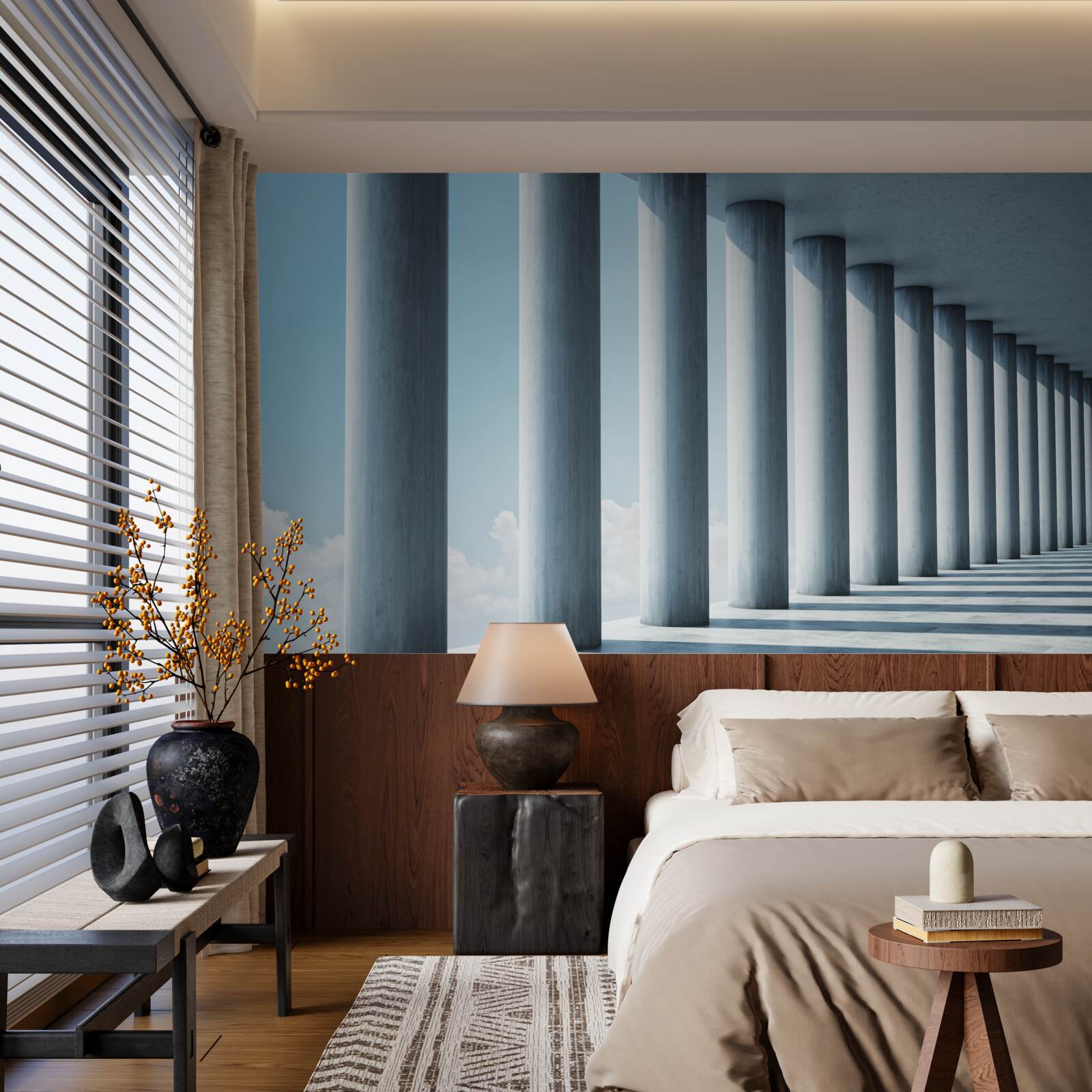 Fotobehang zuilengalerij die zich tot in het oneindige uitstrekt tegen de hemel