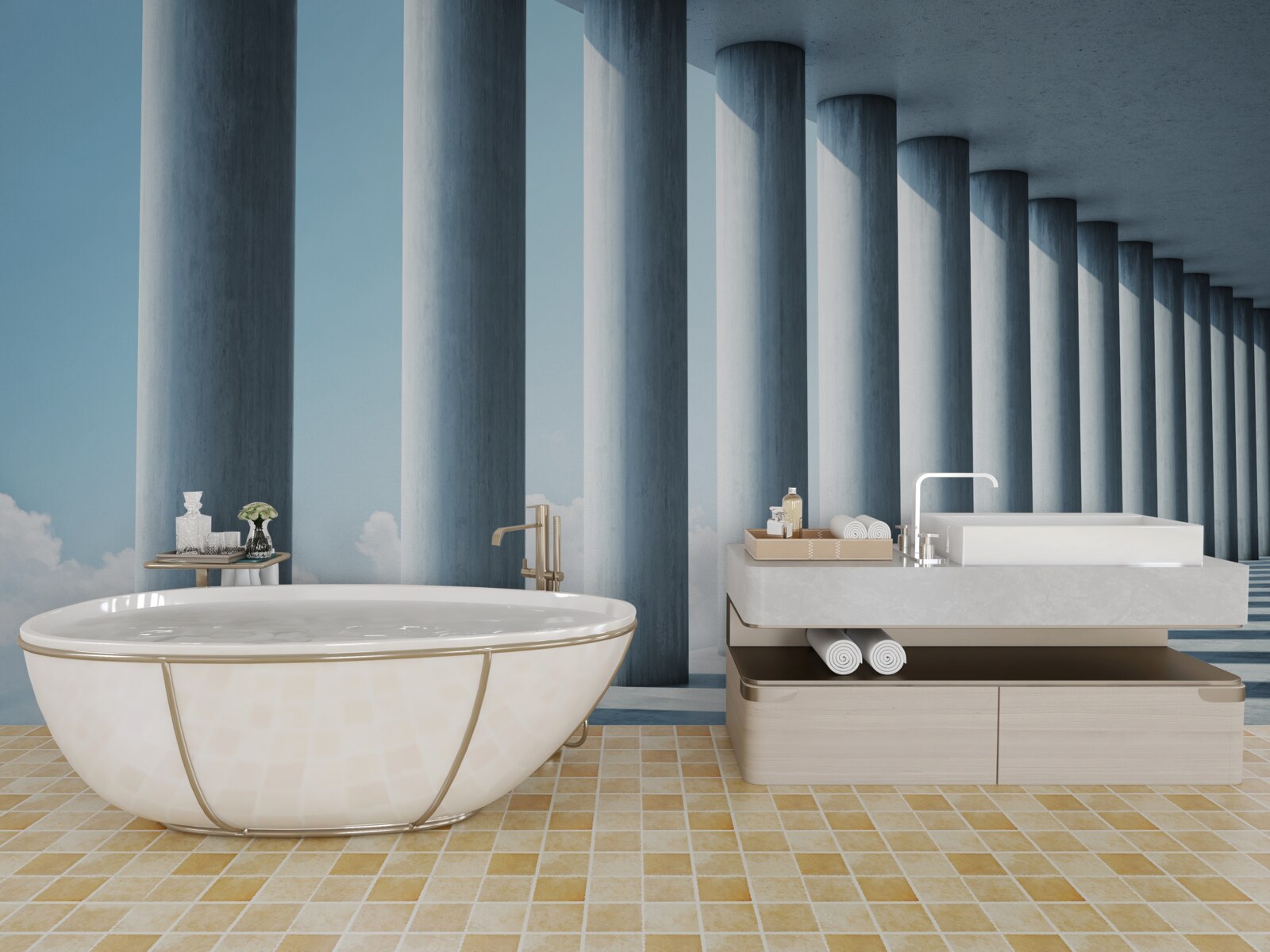 Fotobehang zuilengalerij die zich tot in het oneindige uitstrekt tegen de hemel