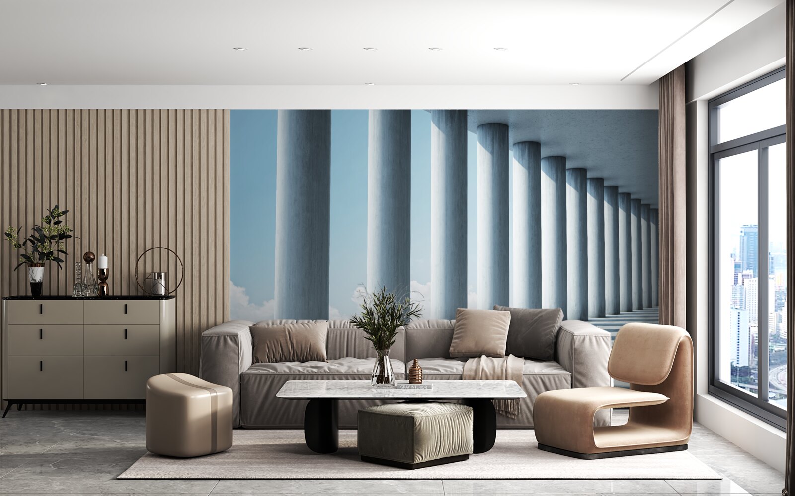 Fotobehang zuilengalerij die zich tot in het oneindige uitstrekt tegen de hemel