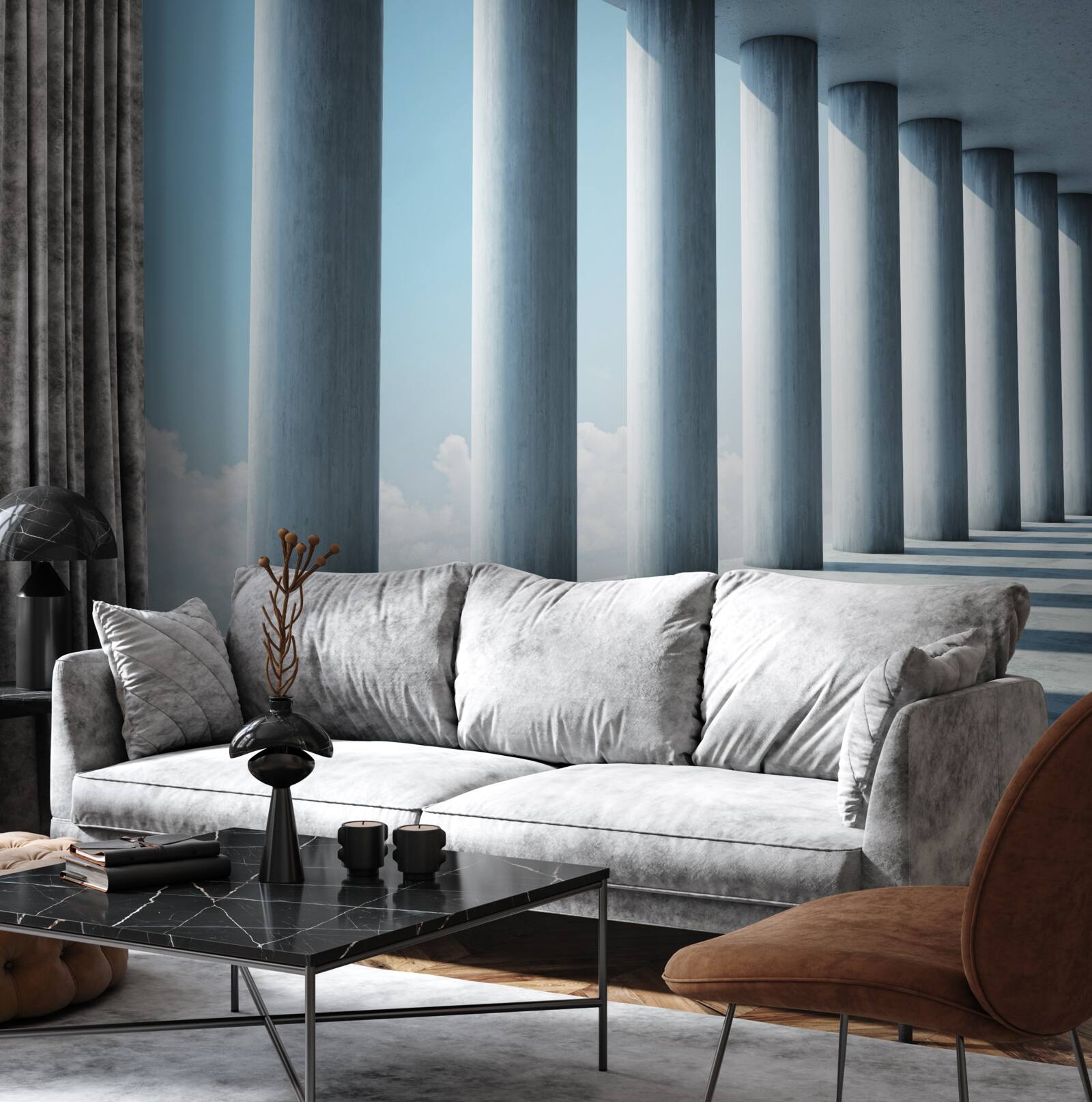 Fotobehang zuilengalerij die zich tot in het oneindige uitstrekt tegen de hemel