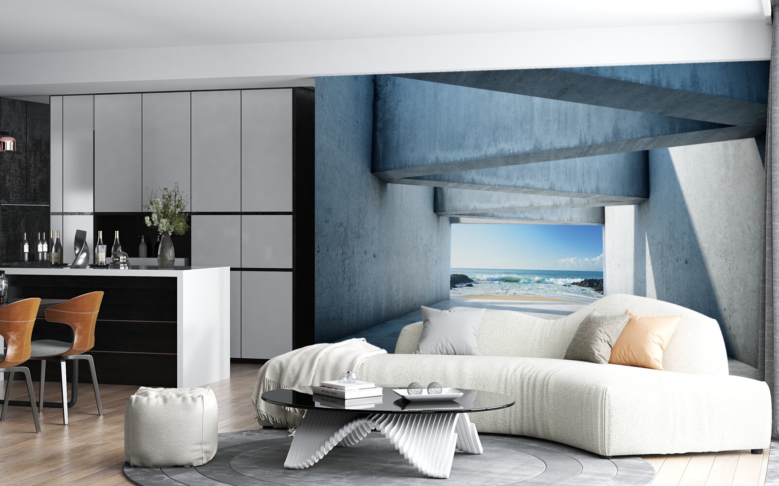 Fotobehang Vloertunnel gevormd uit betonnen kolommen