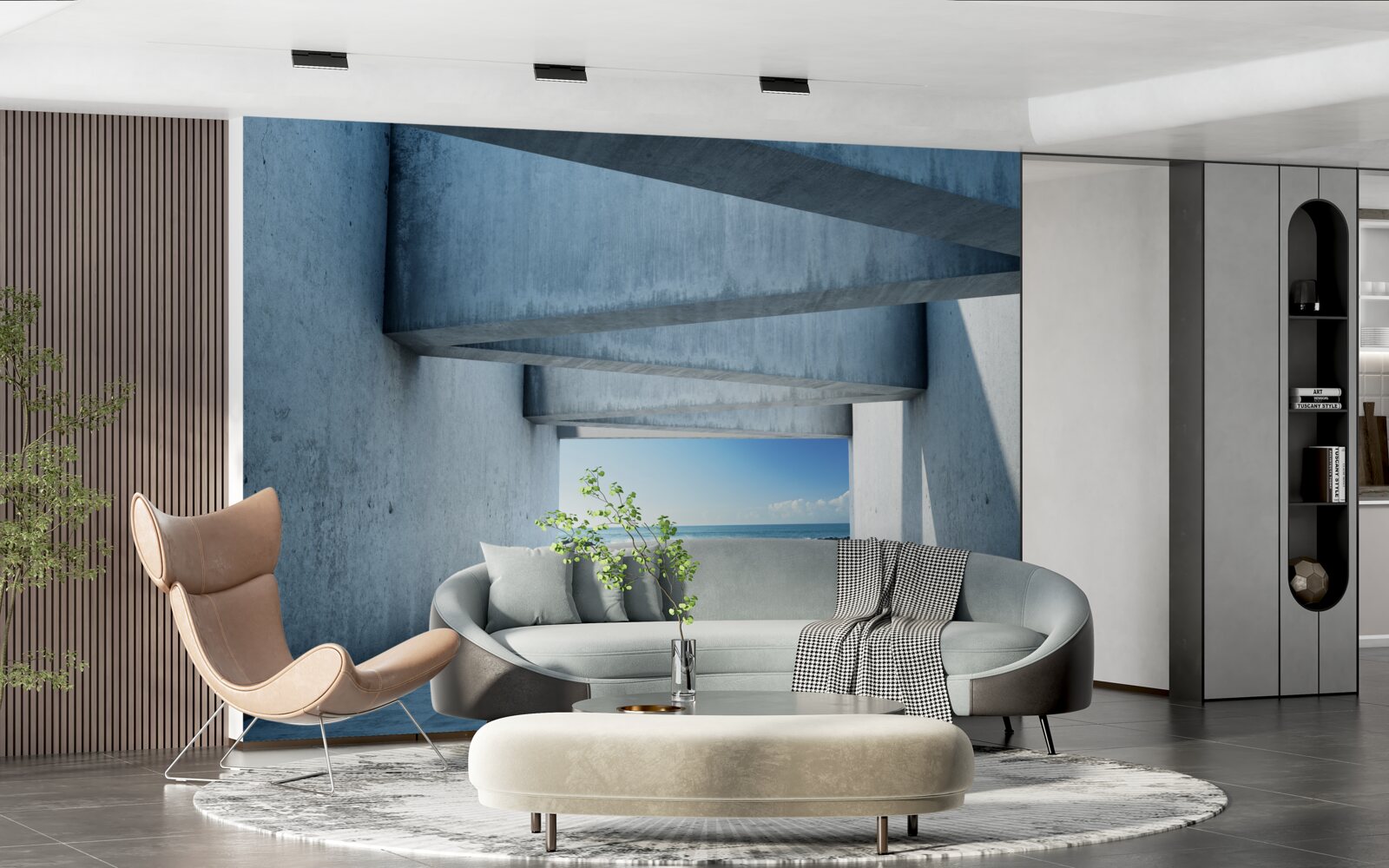 Fotobehang Vloertunnel gevormd uit betonnen kolommen