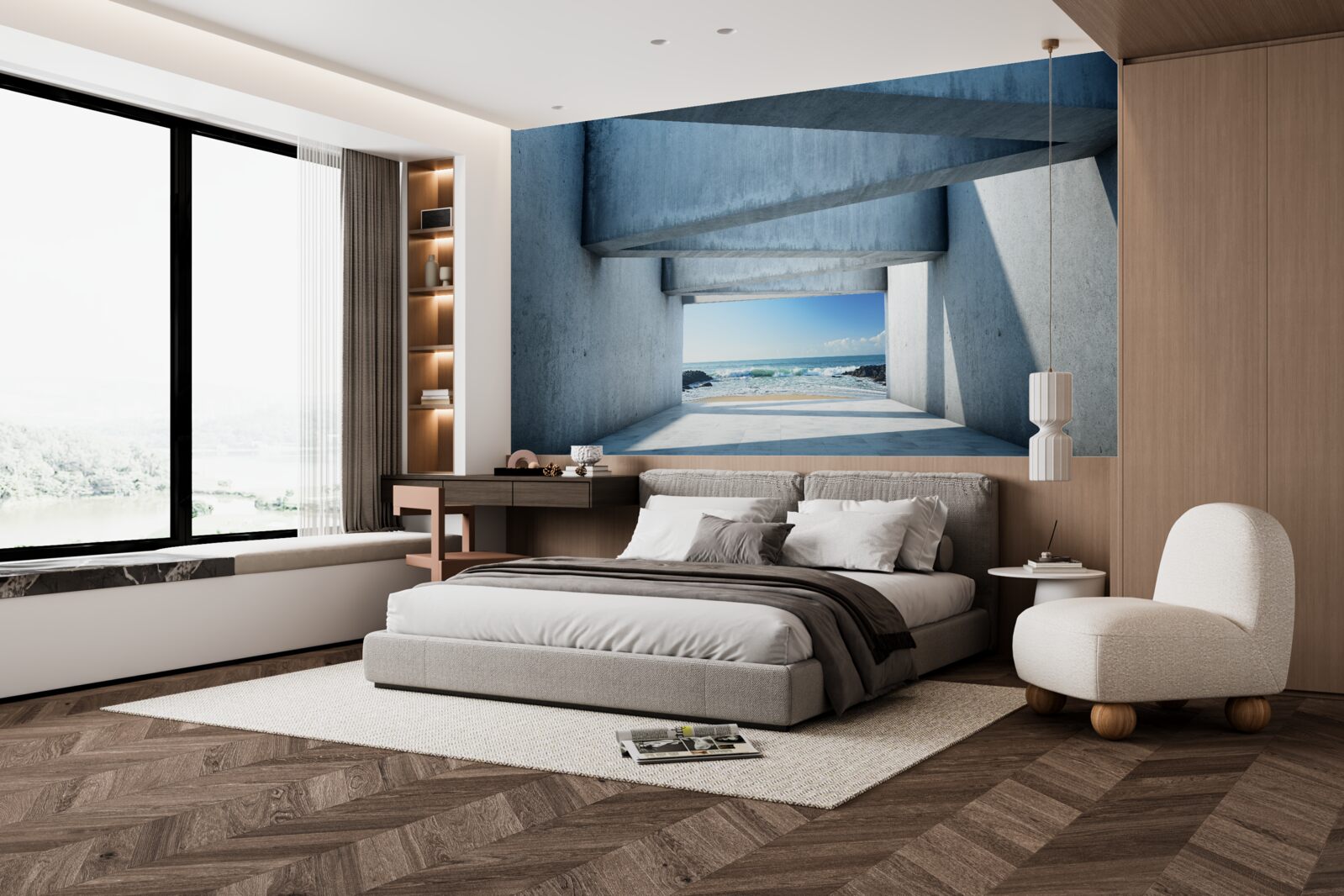 Fotobehang Vloertunnel gevormd uit betonnen kolommen