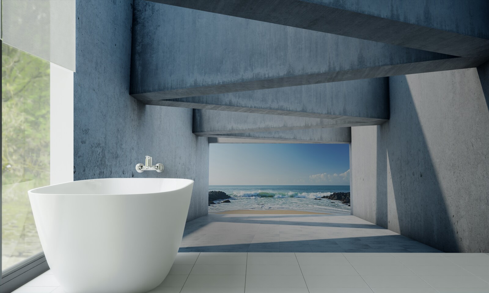 Fotobehang Vloertunnel gevormd uit betonnen kolommen