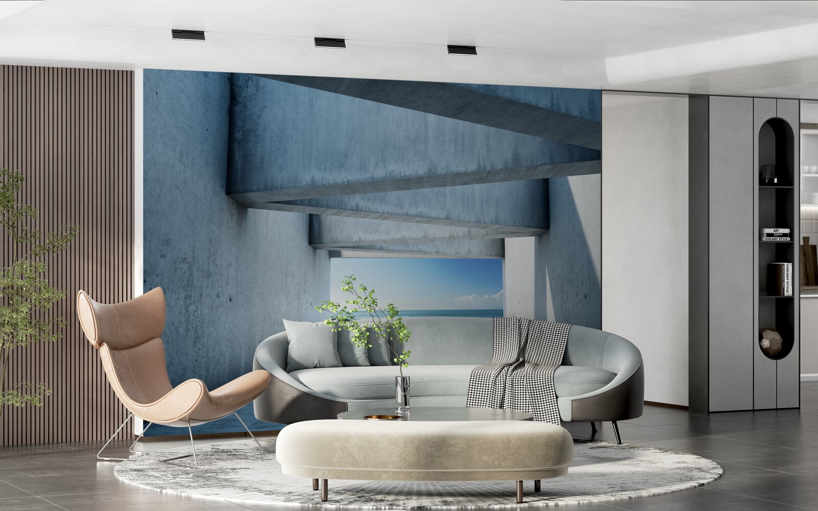 Fotobehang Vloertunnel gevormd uit betonnen kolommen