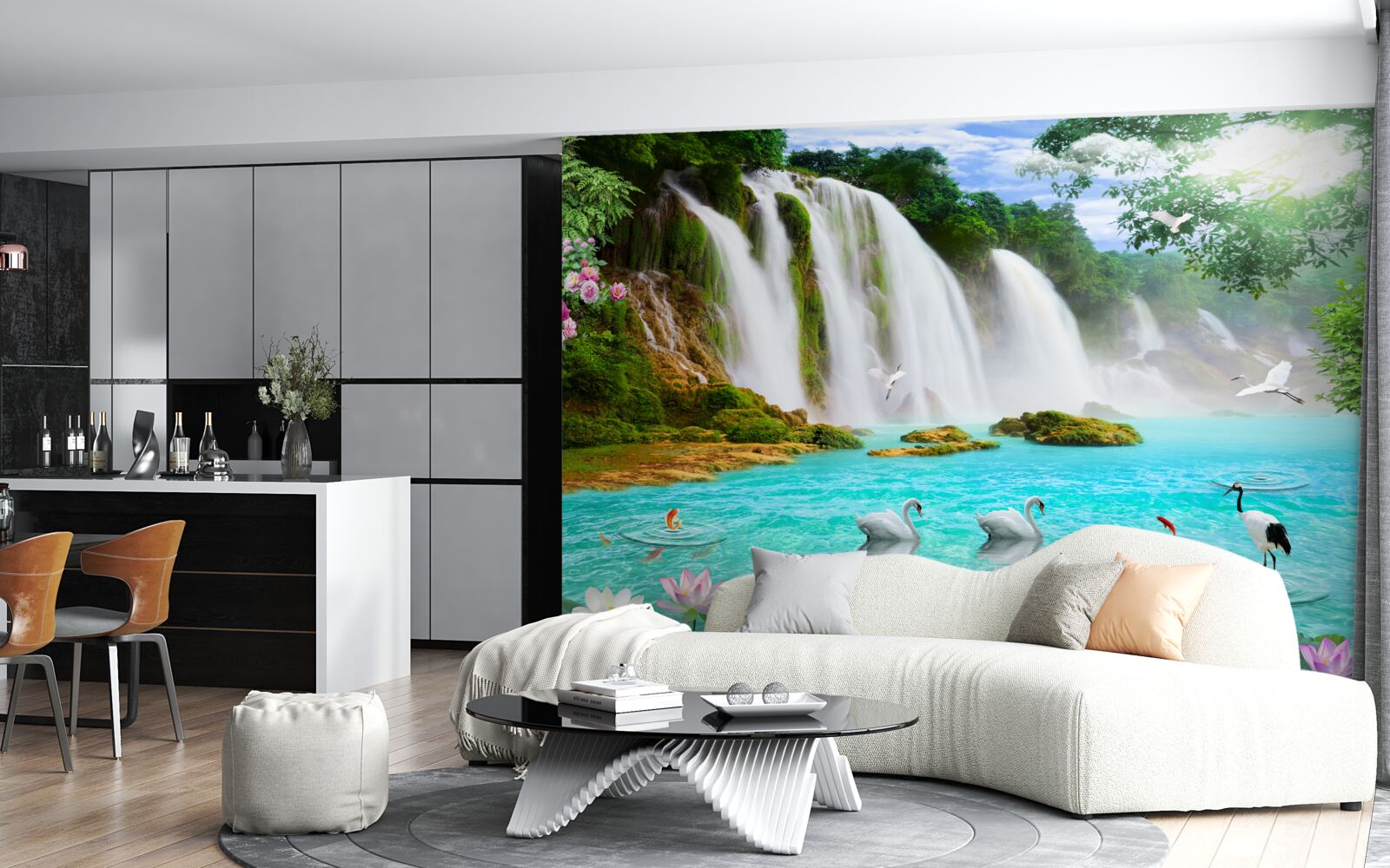 Fotobehang het water bij de zwaanwaterval is kristalblauw