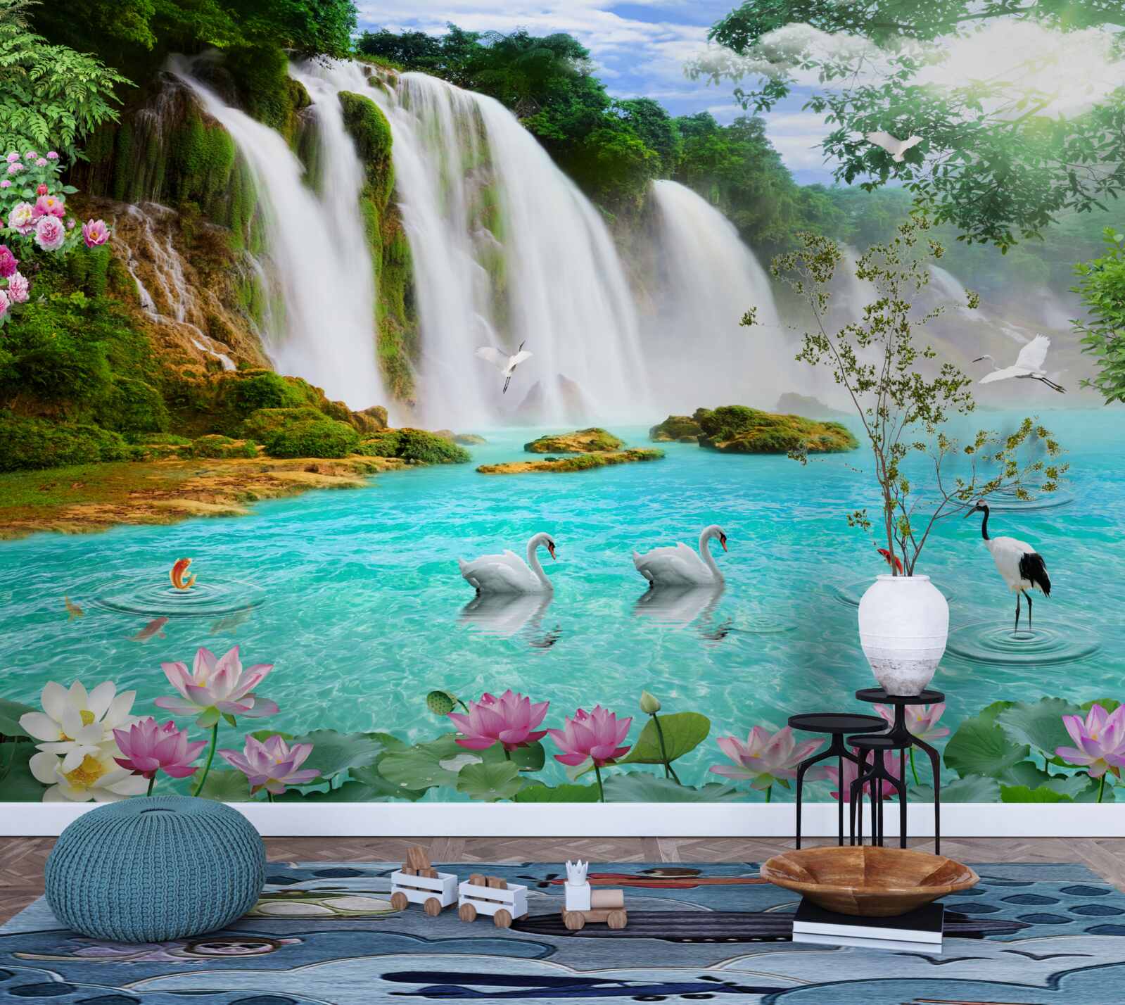 Fotobehang het water bij de zwaanwaterval is kristalblauw