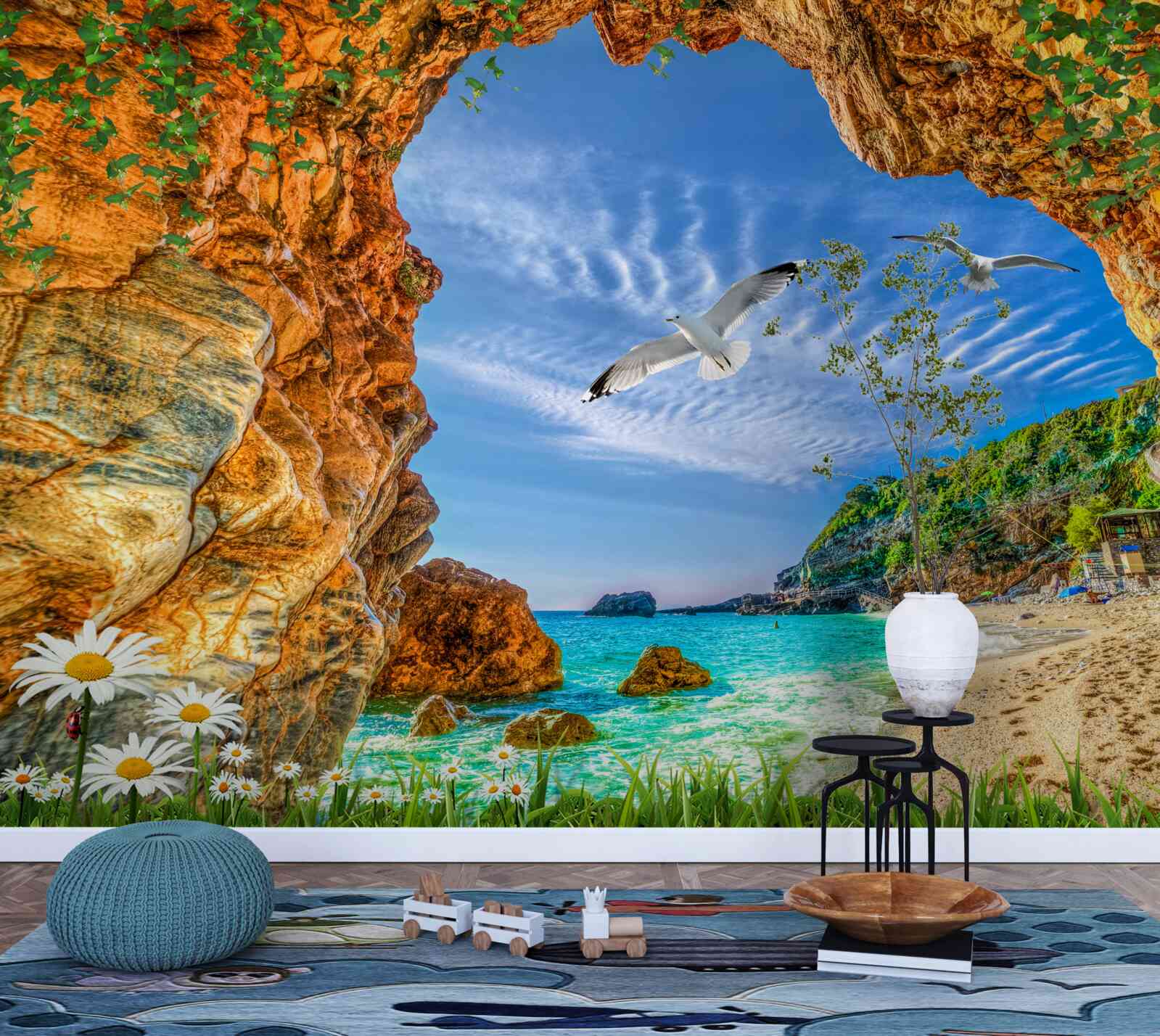 Fotobehang Een blik op de oceaan en de vlucht van kauwen