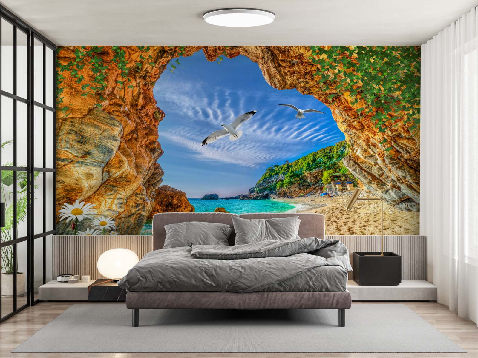 Fotobehang Een blik op de oceaan en de vlucht van kauwen