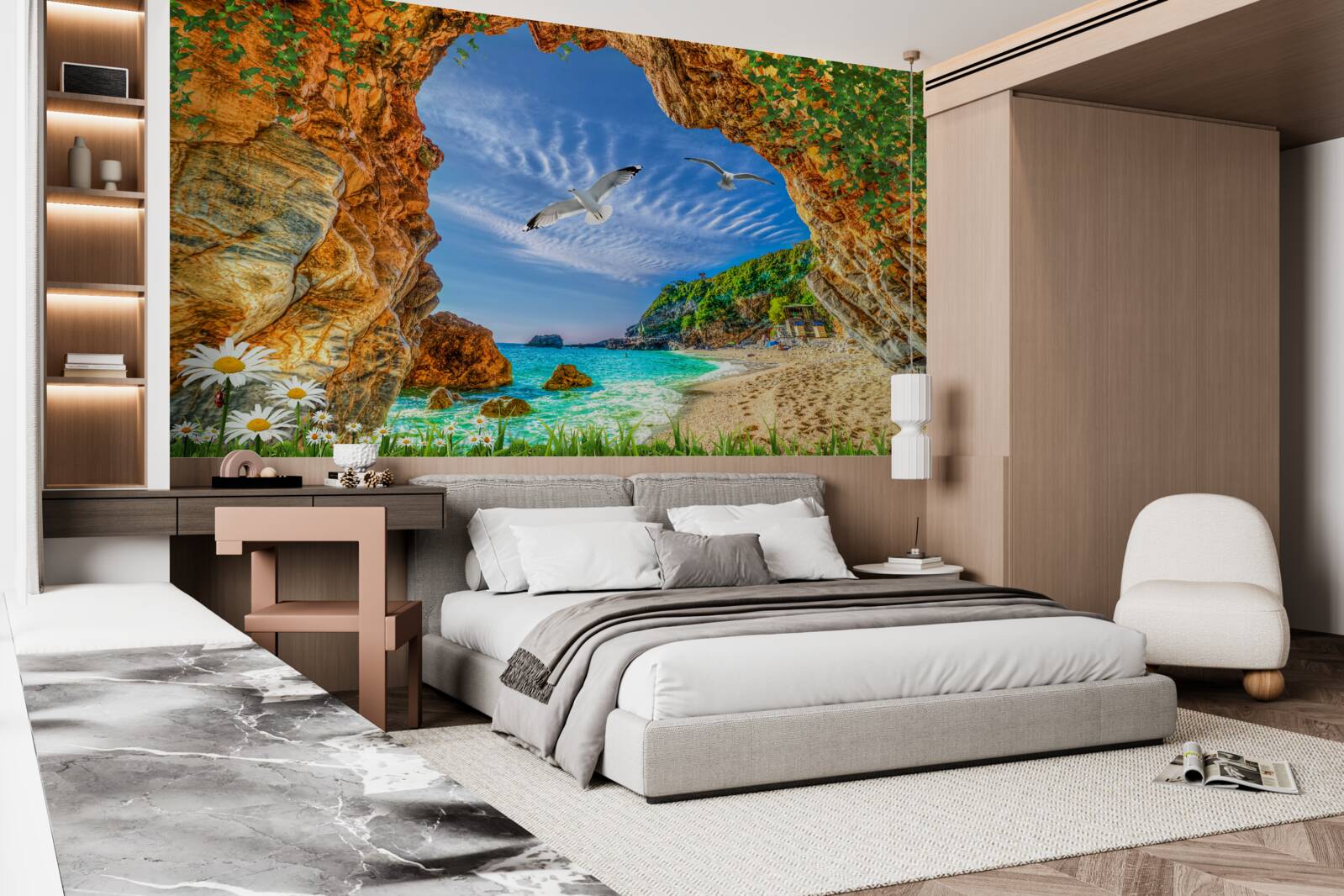 Fotobehang Een blik op de oceaan en de vlucht van kauwen