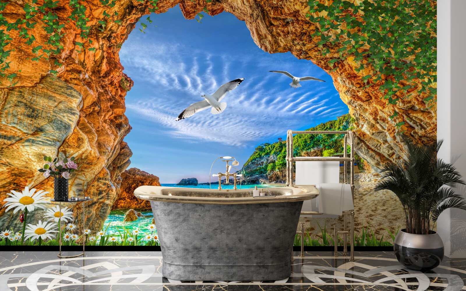 Fotobehang Een blik op de oceaan en de vlucht van kauwen