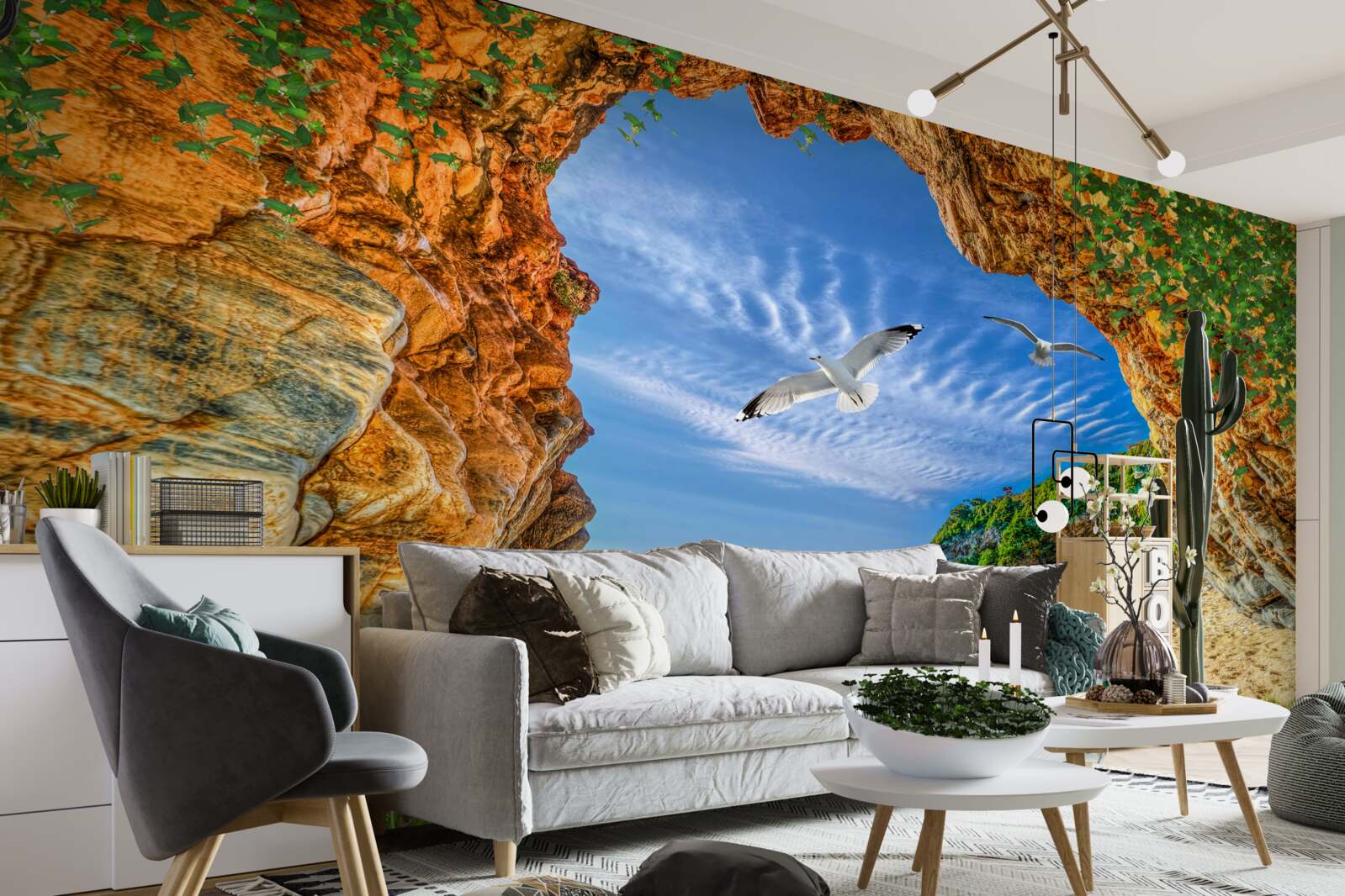 Fotobehang Een blik op de oceaan en de vlucht van kauwen