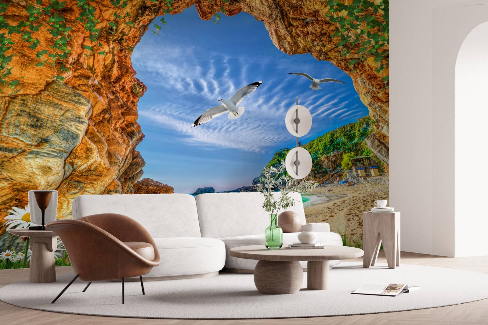 Fotobehang Een blik op de oceaan en de vlucht van kauwen