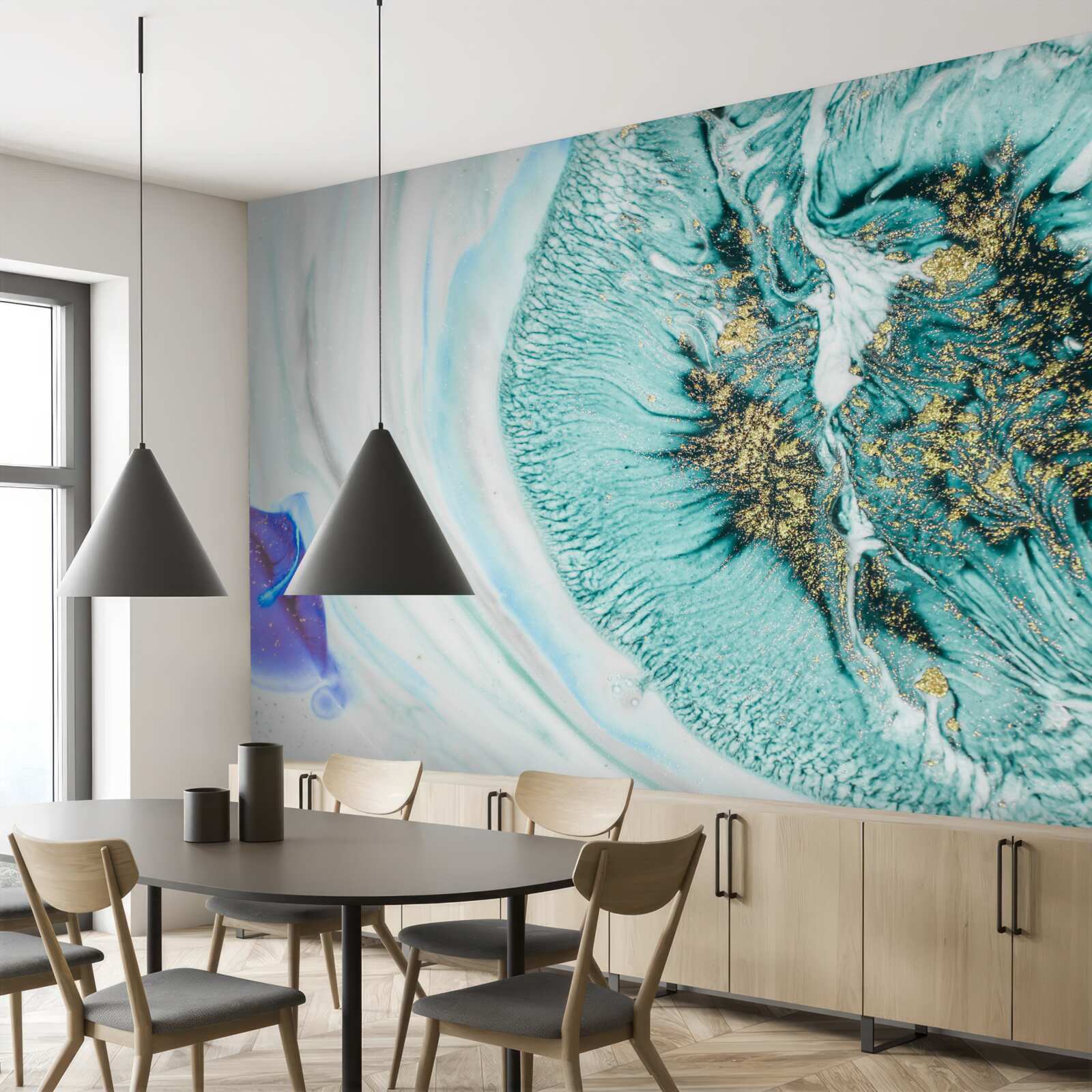 Fotobehang abstracte bloem in blauwtinten op een marmeren oppervlak