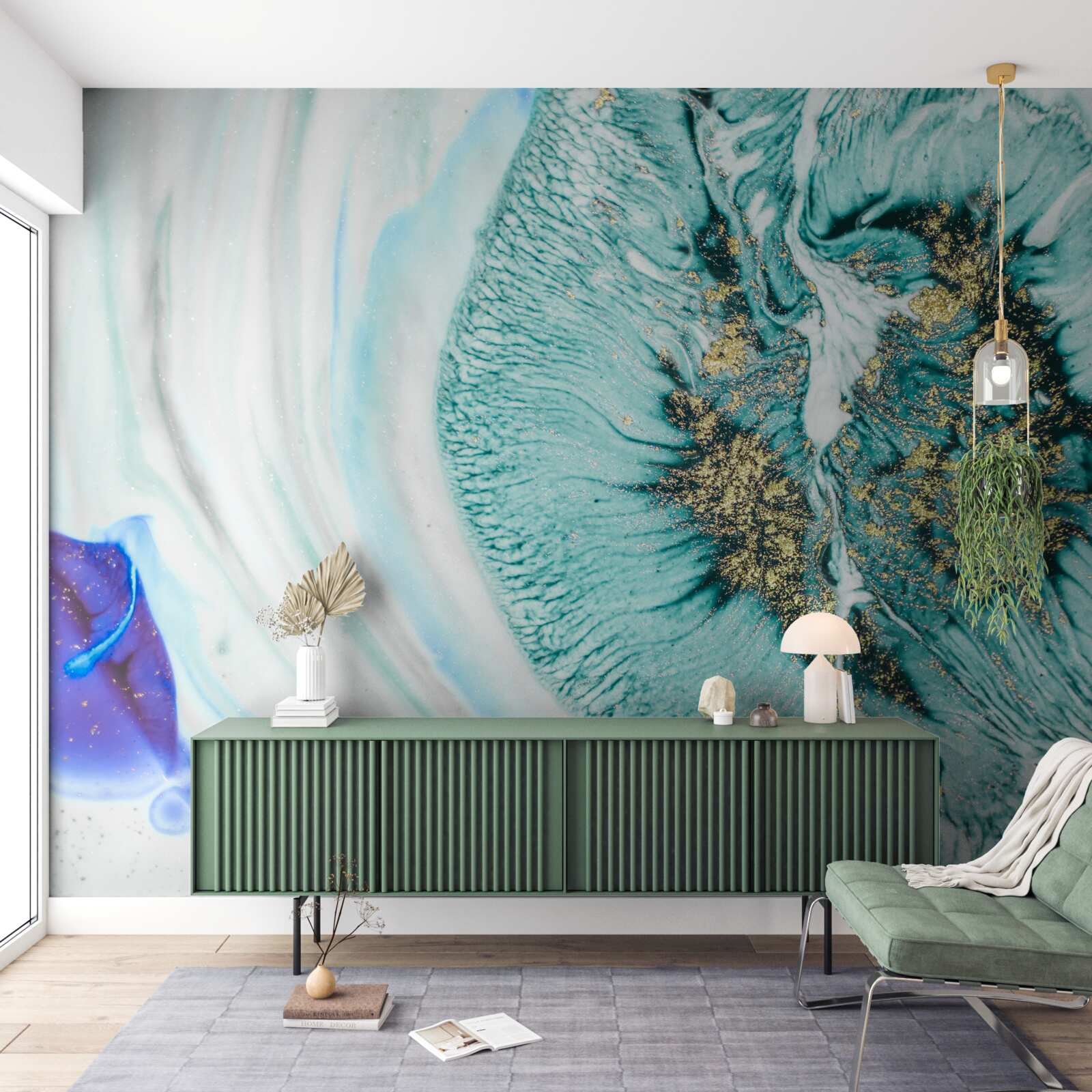 Fotobehang abstracte bloem in blauwtinten op een marmeren oppervlak