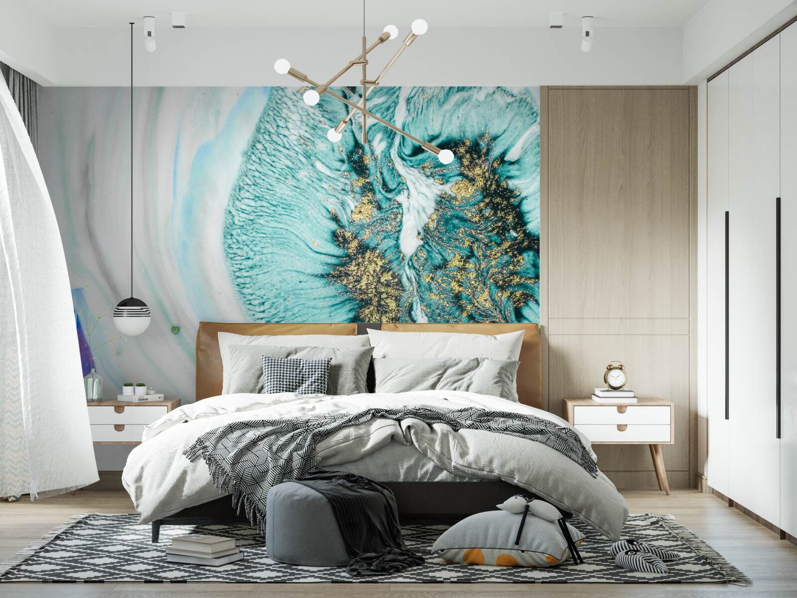 Fotobehang abstracte bloem in blauwtinten op een marmeren oppervlak