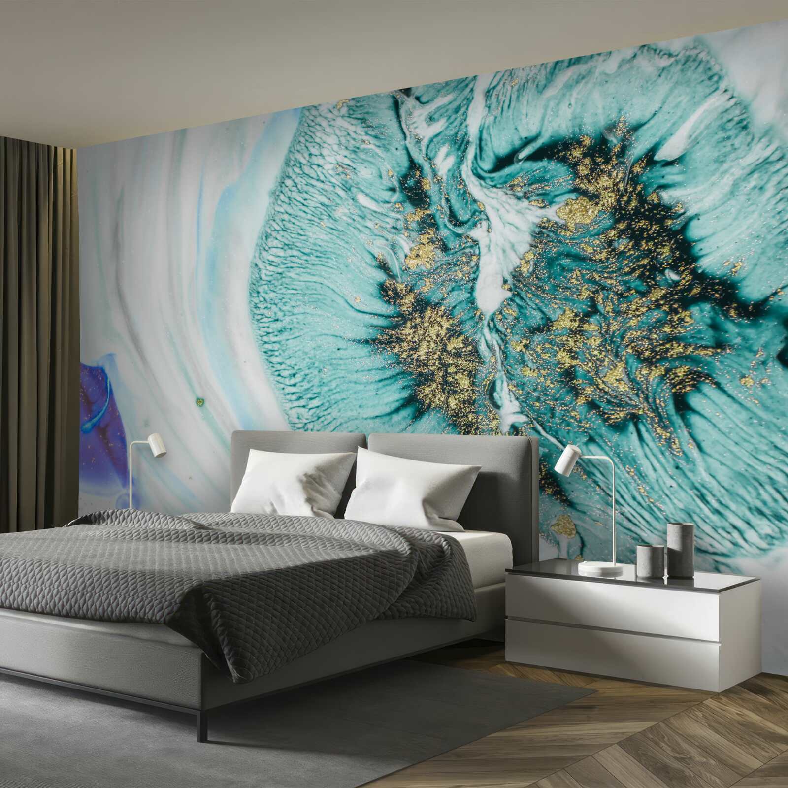 Fotobehang abstracte bloem in blauwtinten op een marmeren oppervlak